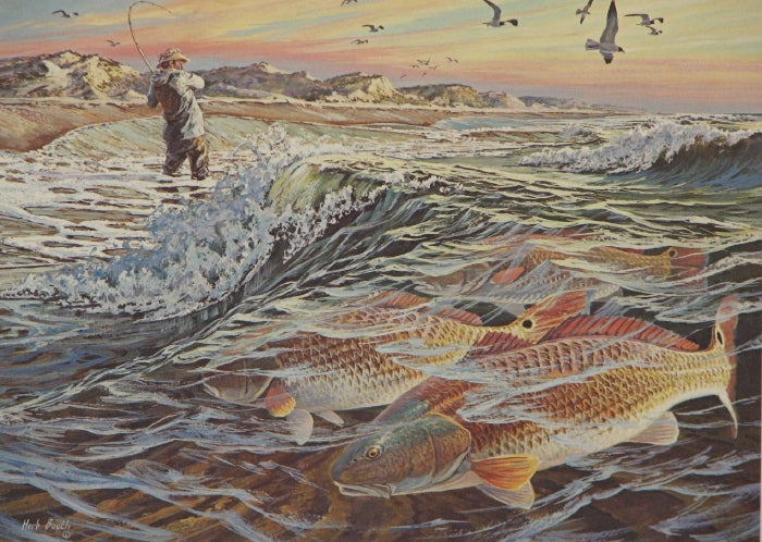 Herb Booth 1988 Texas Saltwater Stamp print "Red Drum" showing a redfish swimming in shallow coastal waters with detailed coloration and movement.