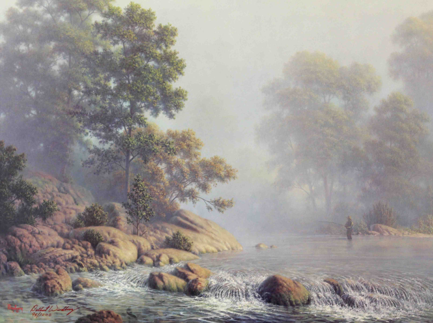 Dalhart Windberg print titled "Amid Tranquility in the Morning" featuring a peaceful rural landscape bathed in soft morning light.
