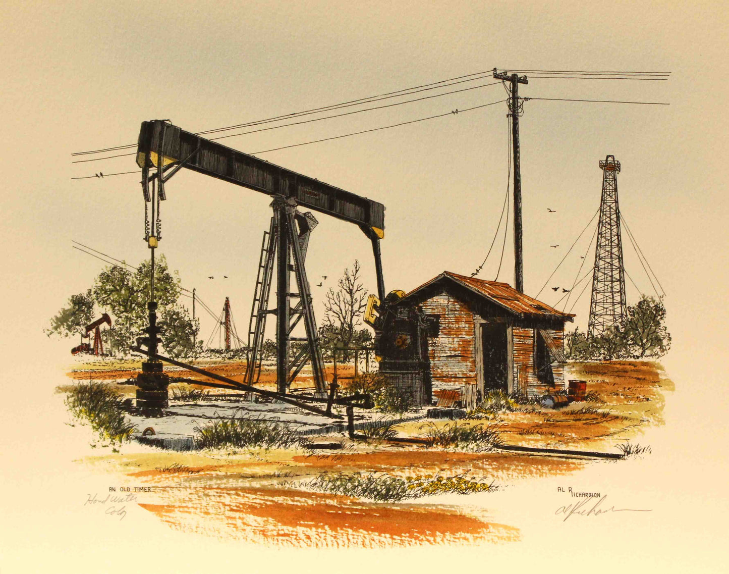 Al Richardson print titled "An Old Timer" featuring a weathered oilfield pumpjack in a rural Texas setting, symbolizing the enduring legacy of the oil industry.