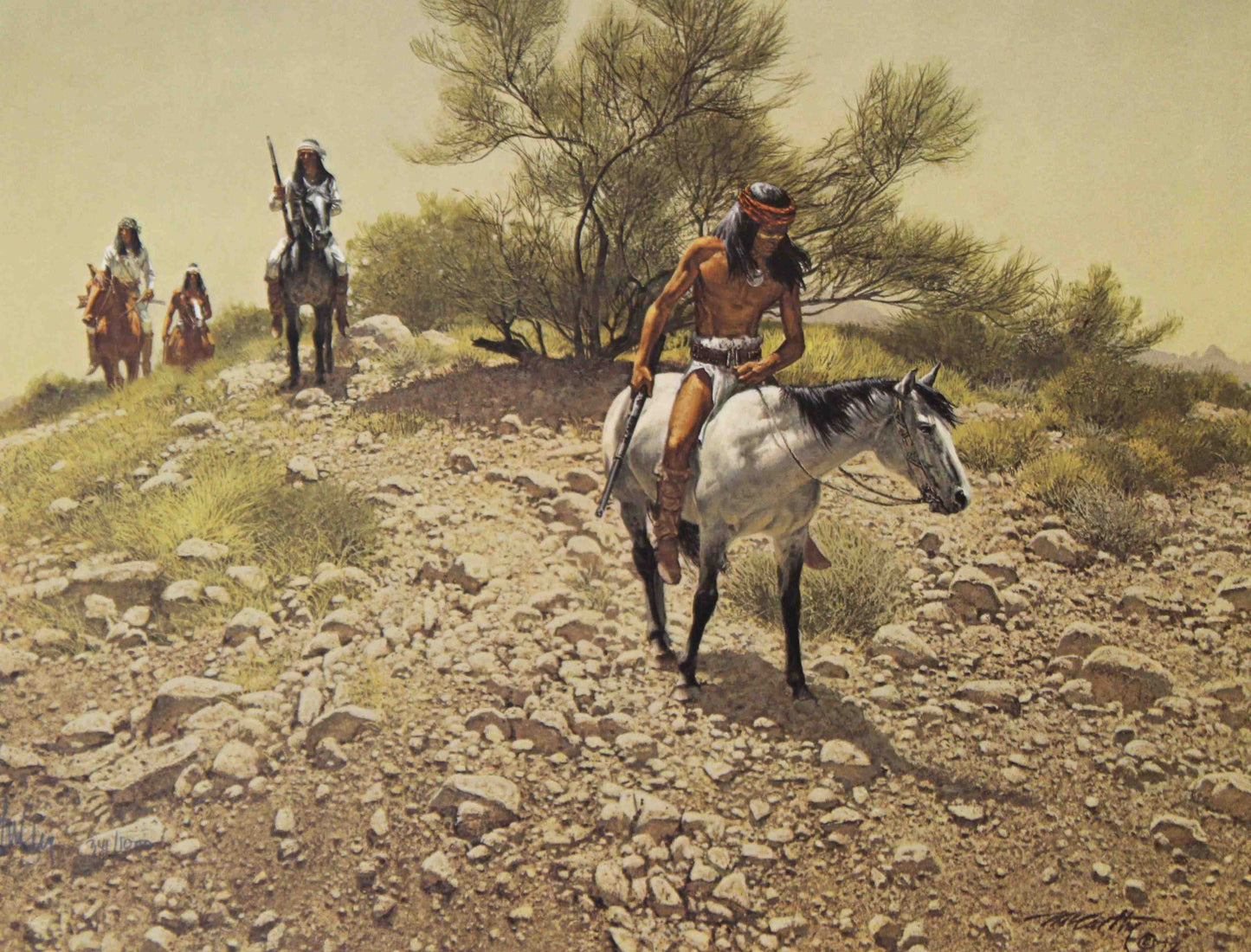 “Apache Trackers” by Frank McCarthy – Apache scouts on horseback riding through a rocky canyon landscape.