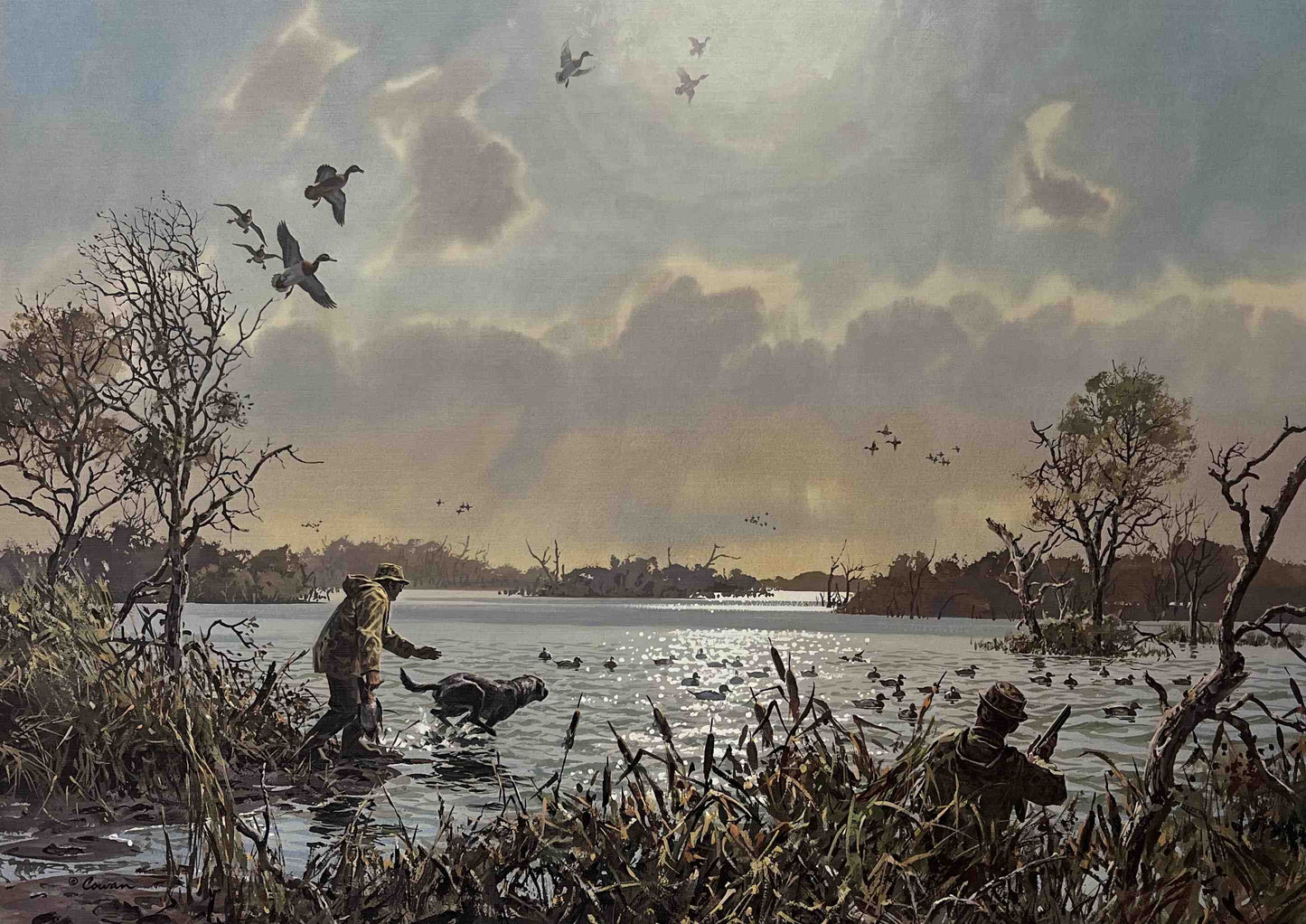 “Bad Angle” by John Cowan – vivid duck hunting scene with hunters aiming at approaching waterfowl from a tough angle, classic Texas sporting art style.
