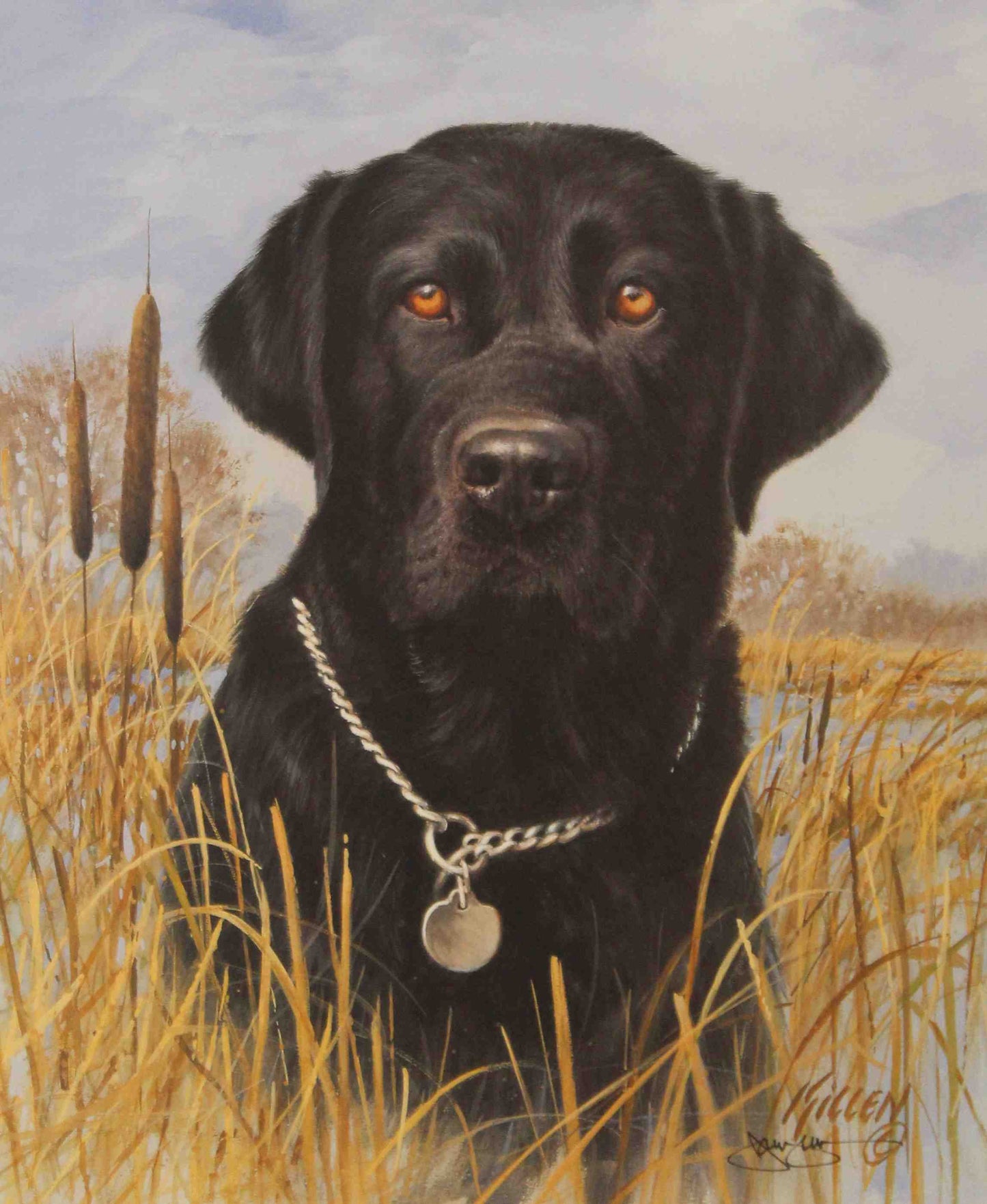 Fine art print by Jim Killen featuring a Black Labrador retriever sitting beside hunting boots; sporting dog artwork titled "That's My Dog — Black Lab."
