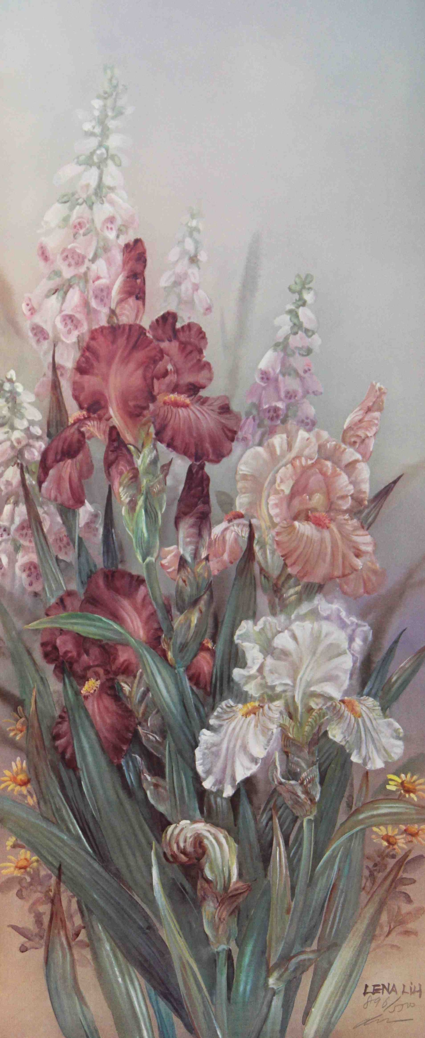 Lena Liu print Burgundy Irises with Foxglove – fine art floral painting by Lena Liu featuring burgundy irises and foxglove flowers.