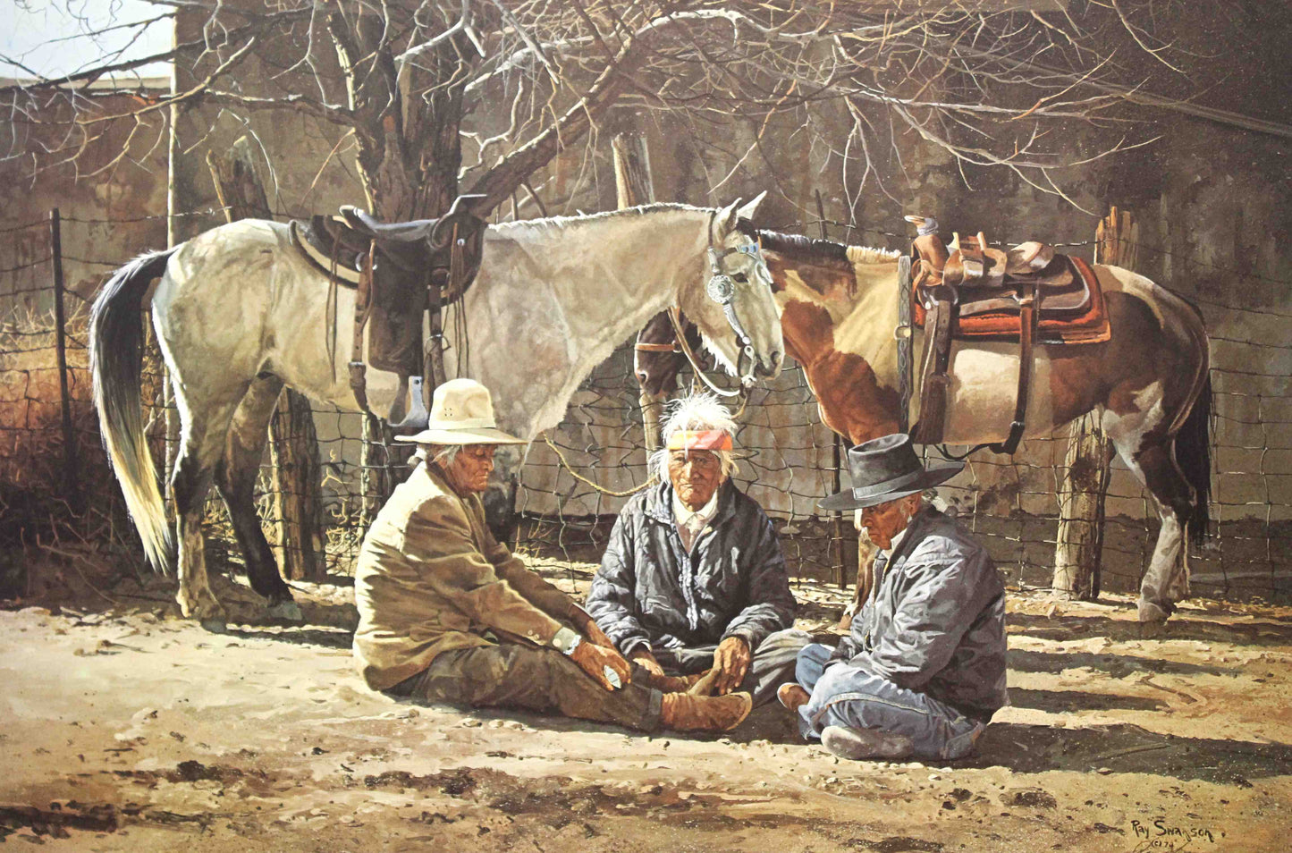 Ray Swanson print of Navajo men conversing outside a hogan in the Southwestern landscape, depicting traditional dress and daily life.