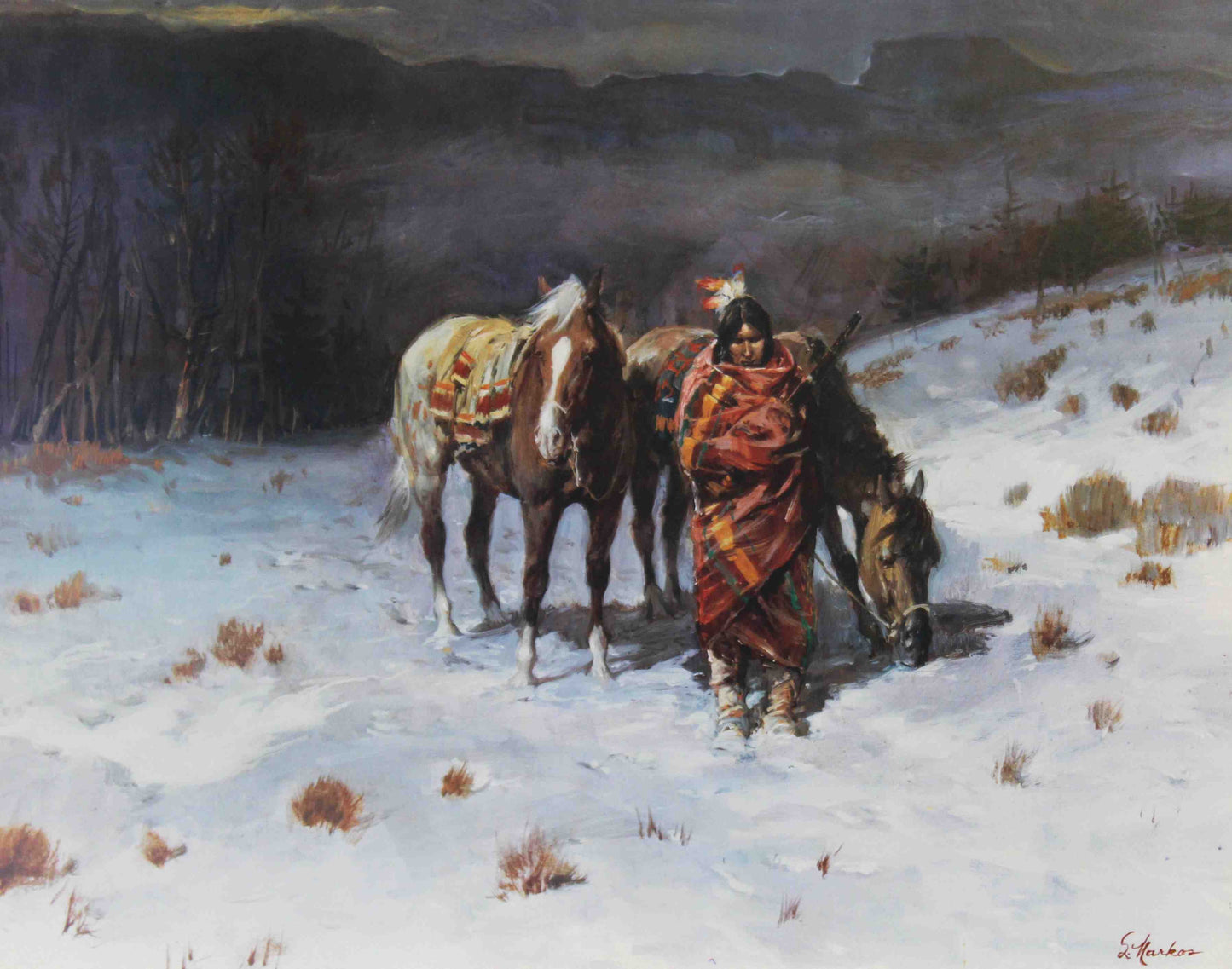 Lajos Markos western art print “Cold Time for Waiting” featuring a Native American warrior standing in the snow, ideal for western wall art.