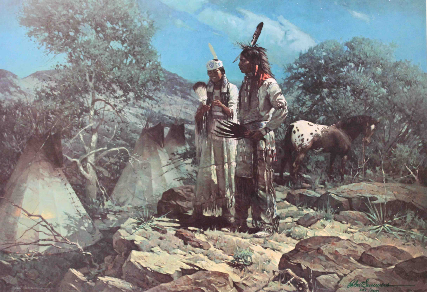 Robert Summers print "Comanche Moon" depicting a Native American couple standing together under a moonlit sky on the open plains.