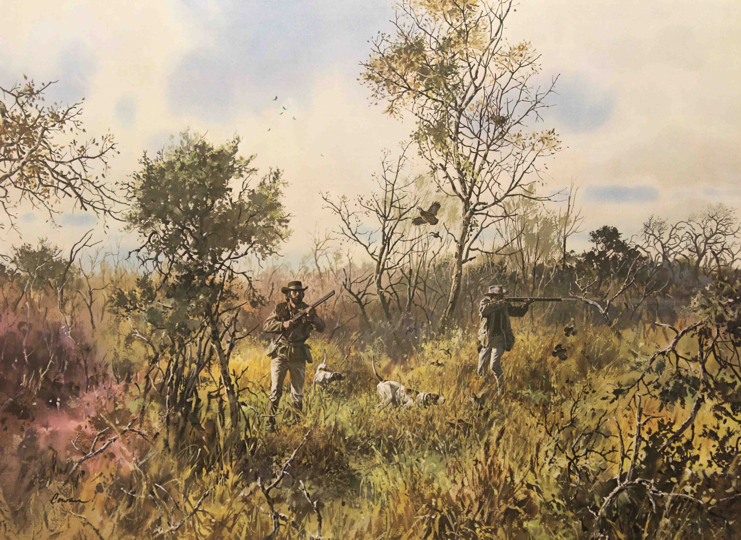 John Cowan print "Creek Bottom" depicting hunters and bird dogs navigating a wooded creek bed during a quail hunt in Texas.