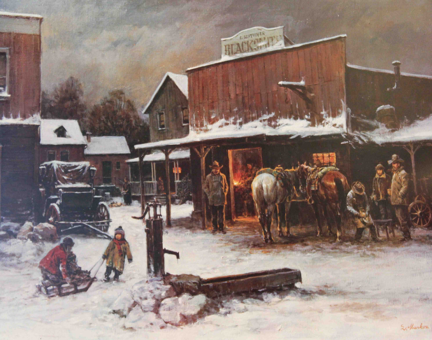 Lajos Markos western art print “December Day” featuring a snowy western town, perfect for rustic and historical western wall art.