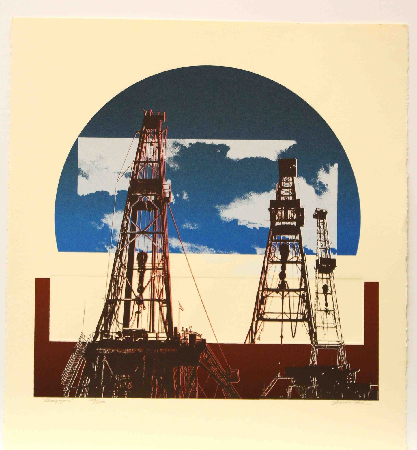 Marion Ford print Energizers depicting multiple active oilfield drilling rigs with a dramatic industrial backdrop.