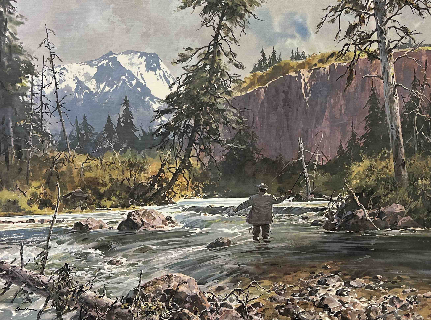 “Fast Water” by John Cowan – anglers casting into swift, moving water, vibrant depiction of fishing action in Texas sporting art style.