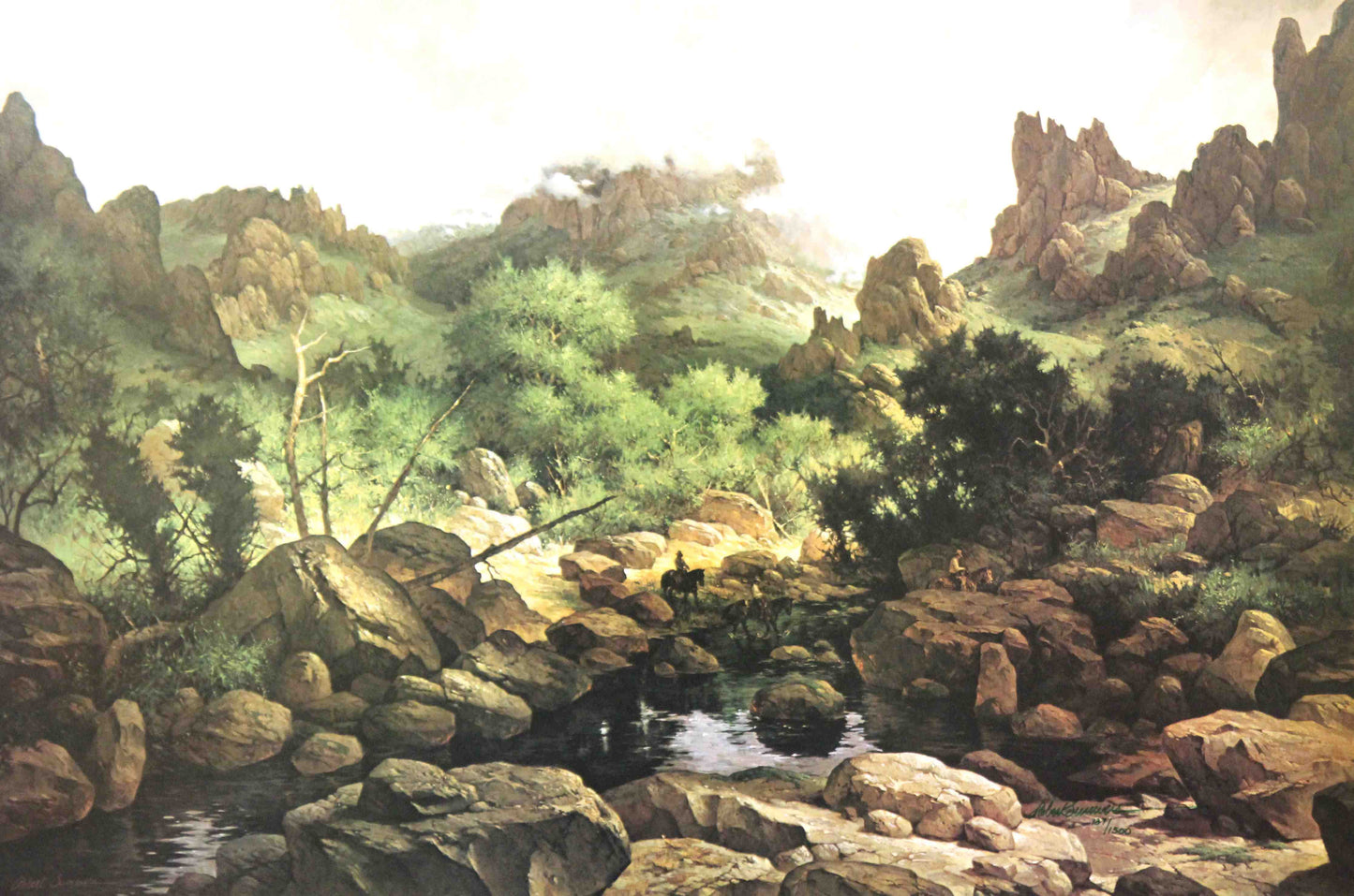 Robert Summers print "Forbidding Wilderness" featuring two lone cowboys riding through a rugged, mountainous landscape, symbolizing frontier resilience and solitude.