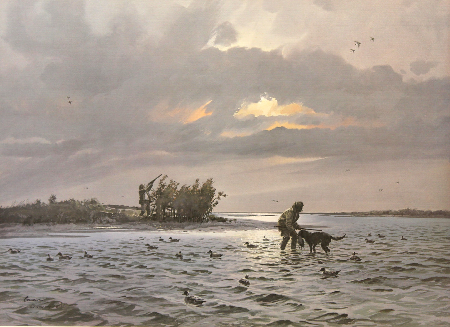 John Cowan print "Fox's Blind" featuring a waterfowl hunter and dog in a marshland blind during a misty morning hunt.