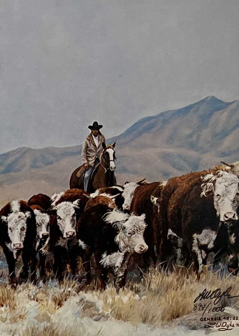 Larry Dyke print of cowboys herding cattle.