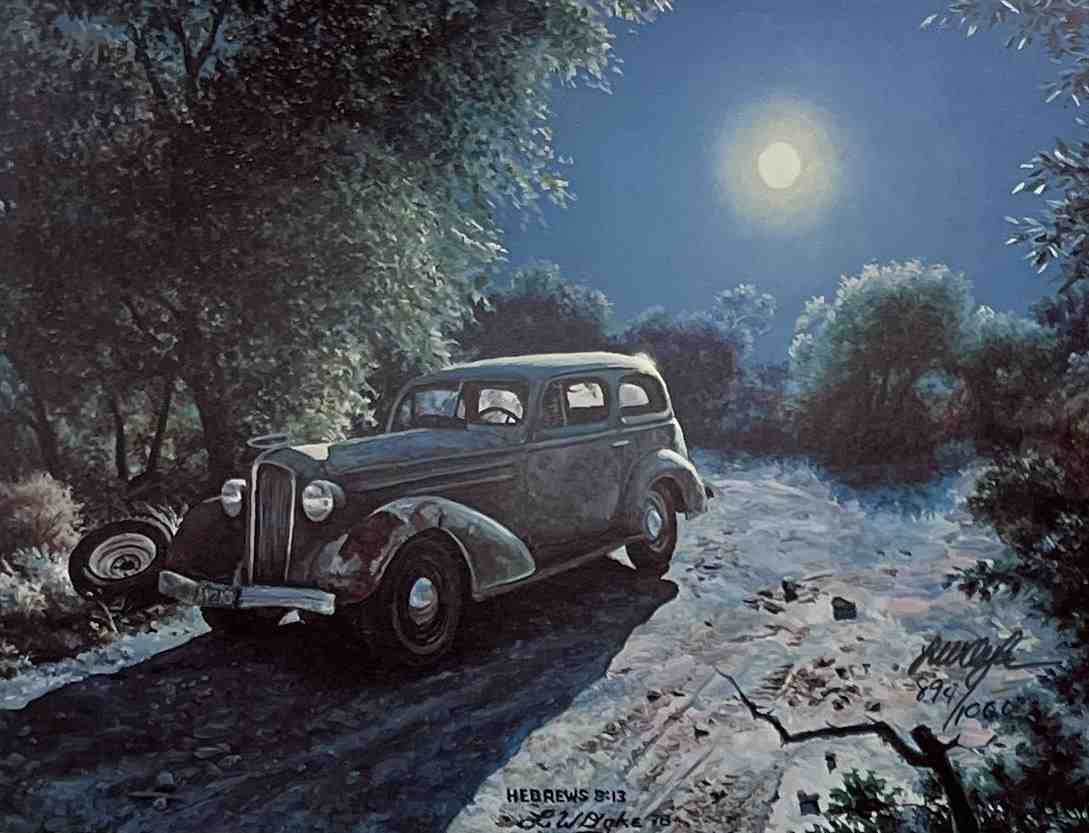 Larry Dyke print of abandoned car in moonlight.