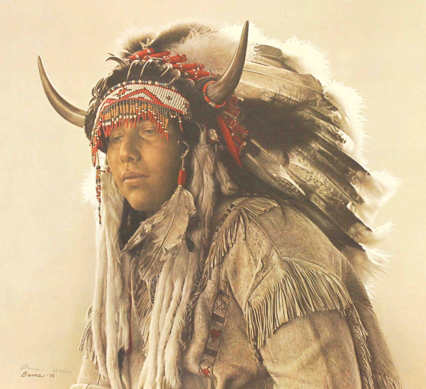 James Bama print "Ken Blackbird – An Assiniboin Sioux" featuring a detailed portrait of a Native American man in traditional attire.