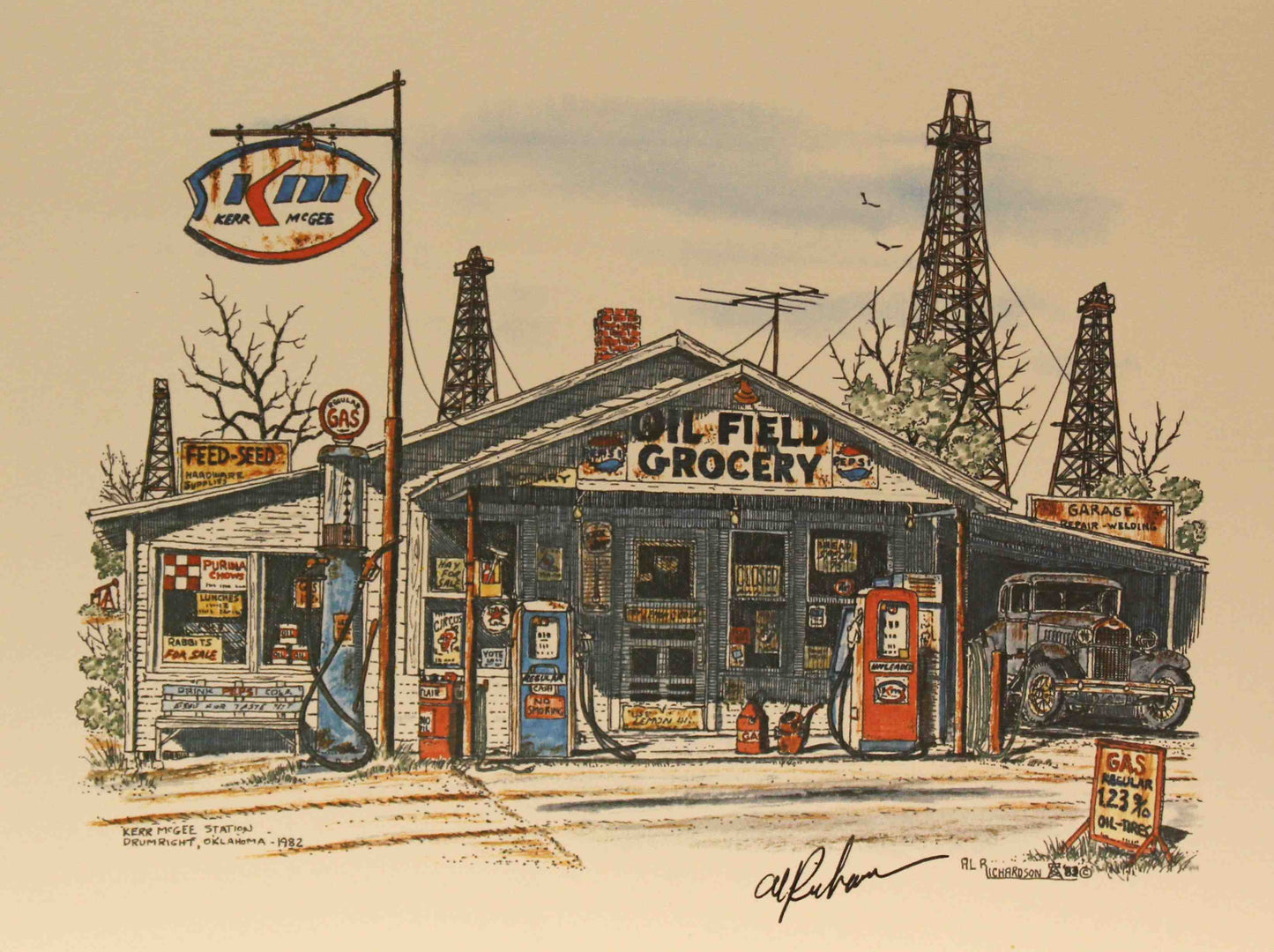 Al Richardson print titled "Kerr McGee" featuring a vintage gas station with classic pumps and signage, capturing the nostalgic spirit of mid-20th-century American oil culture.
