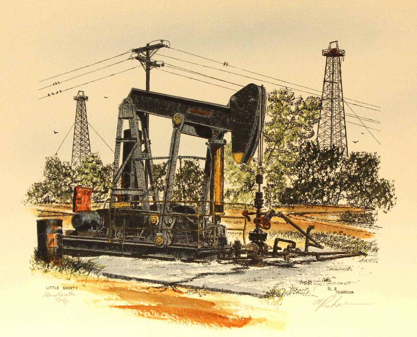 Al Richardson print titled "Little Shorty" featuring an oilfield pumpjack set against a Texas landscape, symbolizing hard work and industrial heritage.