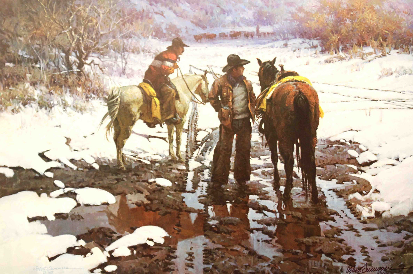 Cowboys on horseback examining vehicle tracks in the dirt in Robert Summers' Western print Makin' Tracks