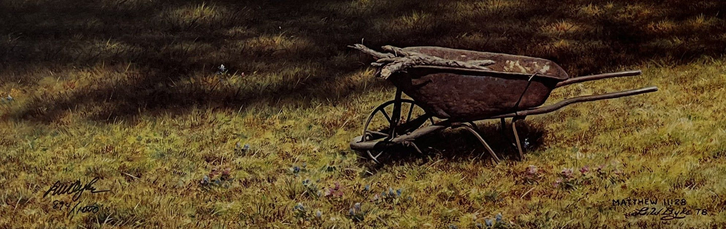 Larry Dyke print of abandoned wheelbarrow.