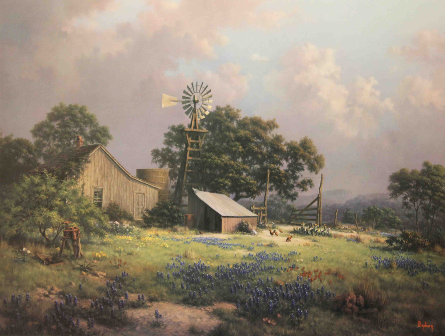 Dalhart Windberg print "Memorable Springtide" featuring a decaying farmhouse surrounded by blooming trees and sunlit greenery, capturing the peaceful beauty of spring.