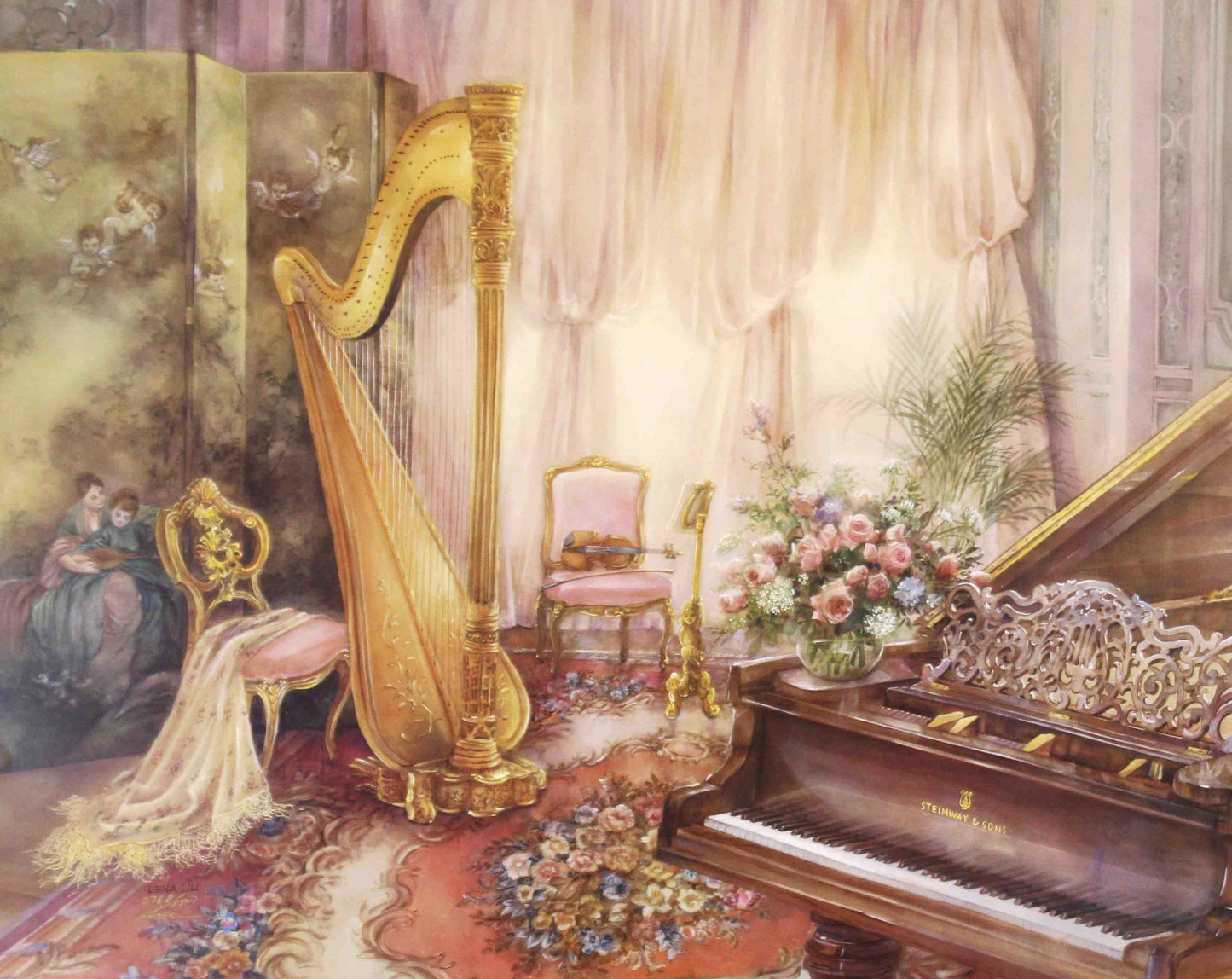 Lena Liu print Music Room VI – Romantic Overture – fine art musical painting by Lena Liu featuring elegant instruments.