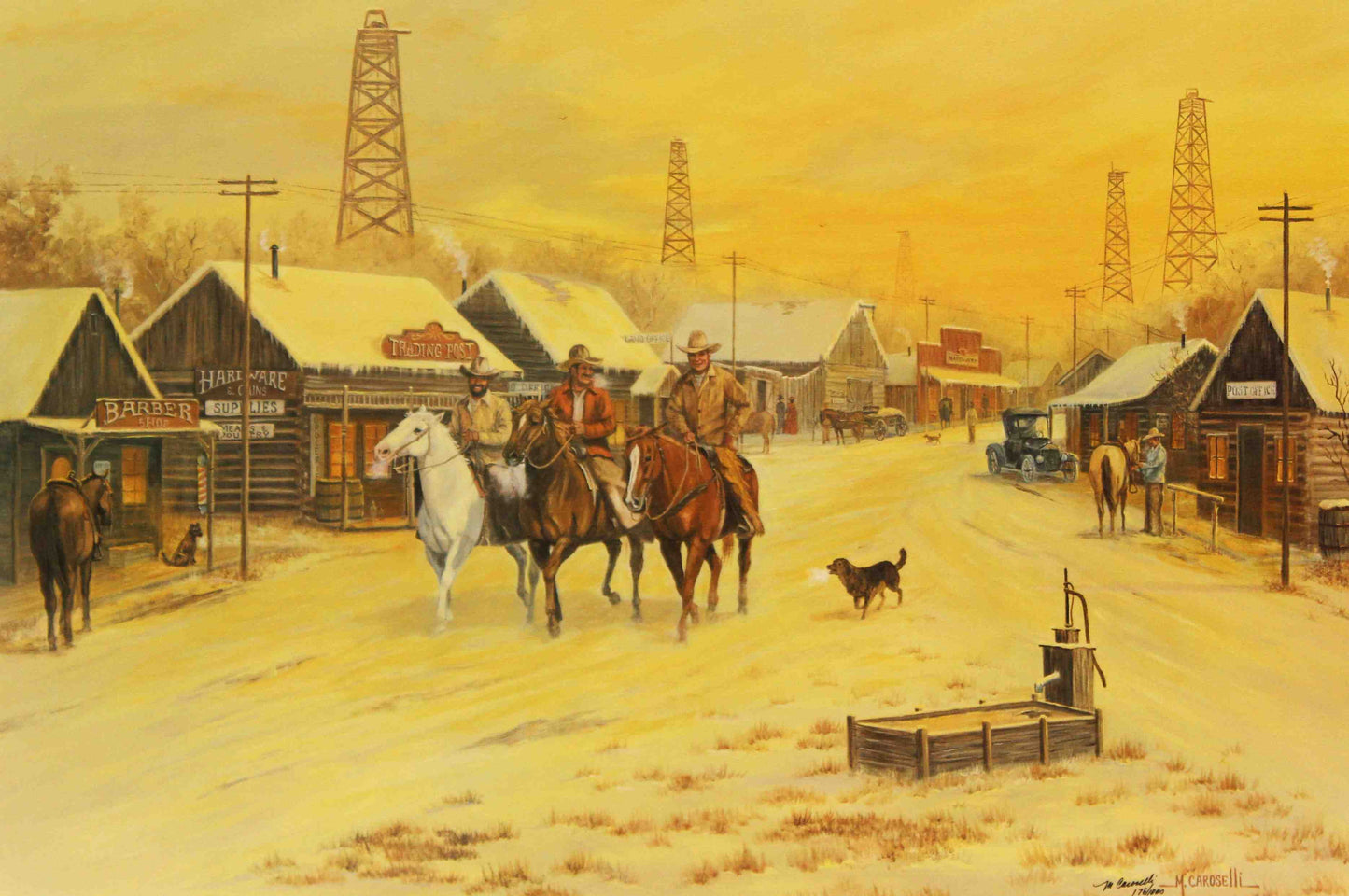 Marianna Caroselli print Oil Town Cowboys showing cowboys riding into a historic western oil town street.