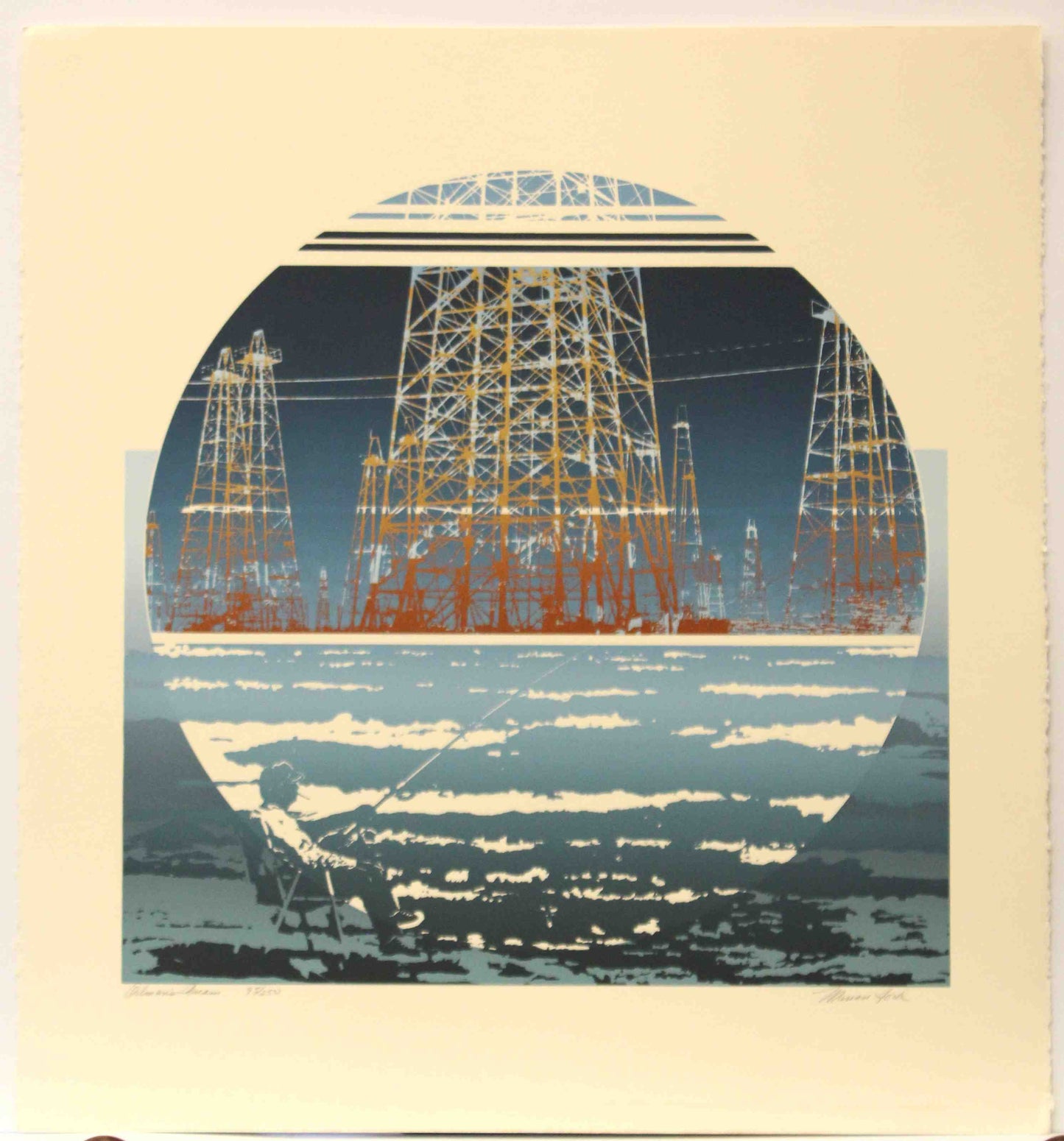 Marion Ford print Oilman’s Dream showing a fisherman casting near the shore with multiple offshore oil rigs in the background.