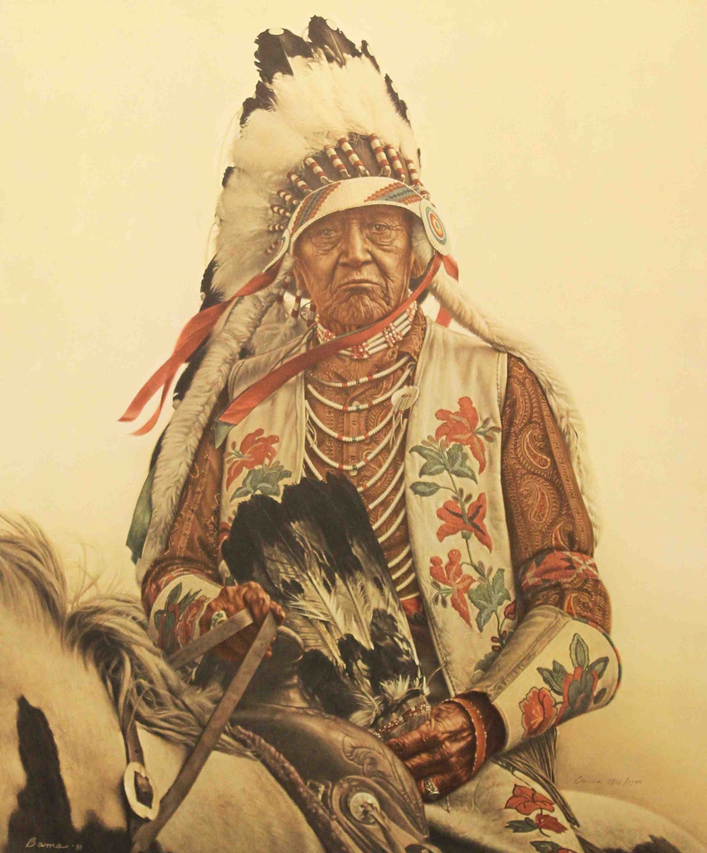 Portrait of a venerable Crow elder with thoughtful expression in James Bama’s print Oldest Living Crow Indian