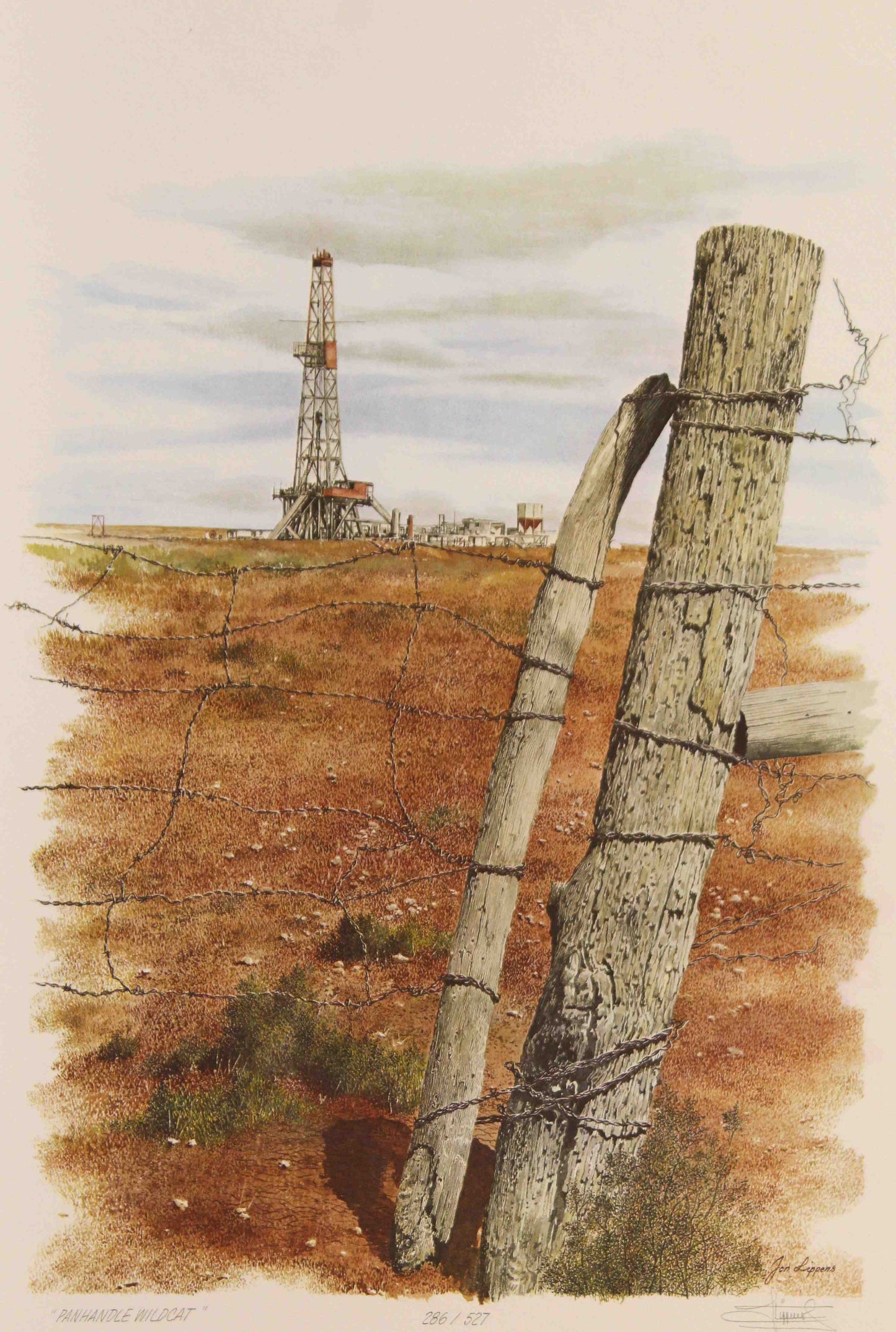 Jon Lippens print Panhandle Wildcat featuring a Texas oil derrick in a wide-open Panhandle landscape under a dramatic sky.