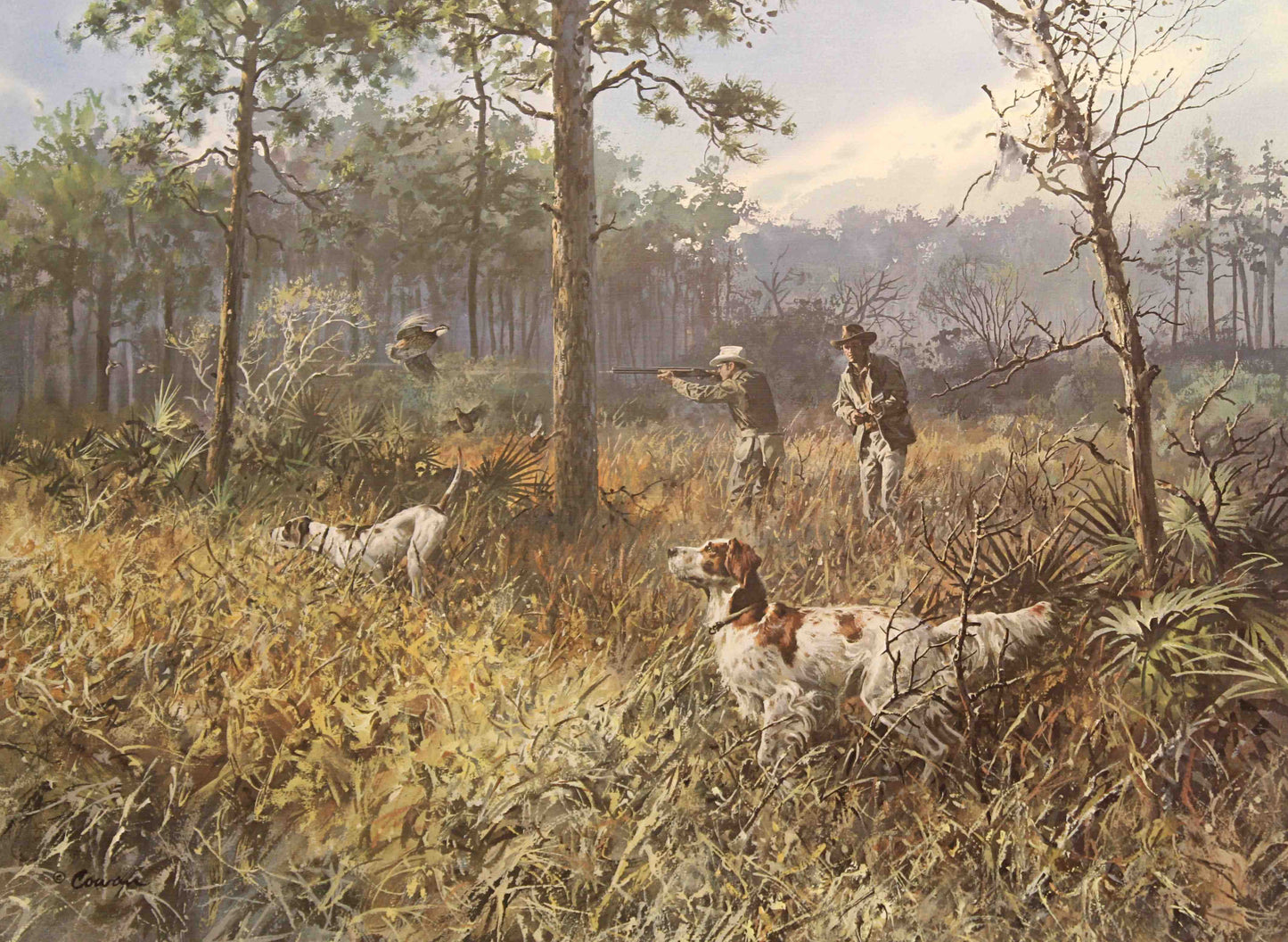 John Cowan print "Pine and Palmetto" showing hunters and pointing dogs during a quail hunt in a Southern pine and palmetto forest setting.