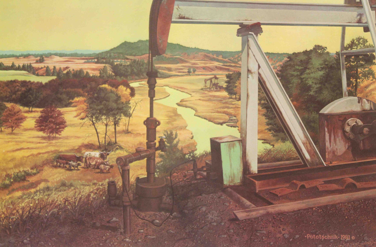 John Pototschnik print “Precious Stock” showing cattle grazing on a ranch with pumpjacks in the background, blending ranch life with the Texas oilfield landscape.