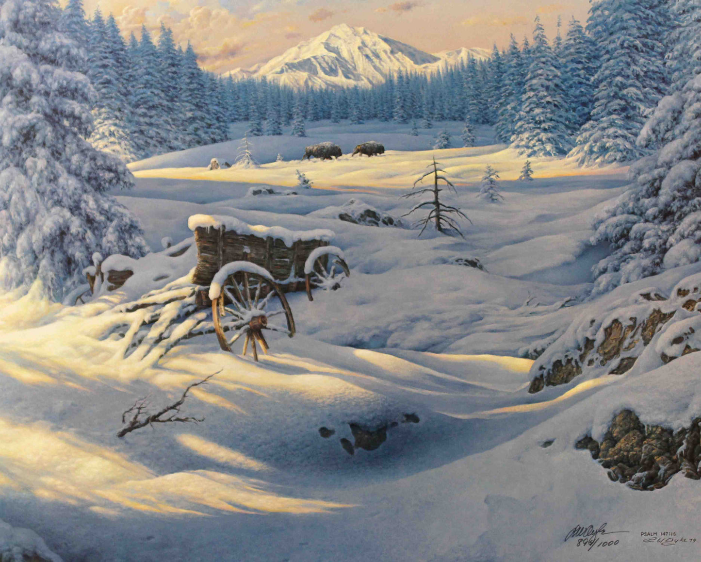 Larry Dyke print "Psalm 147:16" showing a snow-covered landscape with an old wooden wagon under moonlight, evoking peacefulness and reflection.