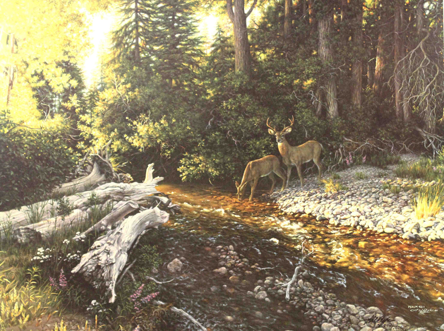 Larry Dyke print "Psalm 42:01" featuring deer grazing beside a gently flowing stream in a peaceful, sunlit forest, inspired by the scripture's message of spiritual longing.
