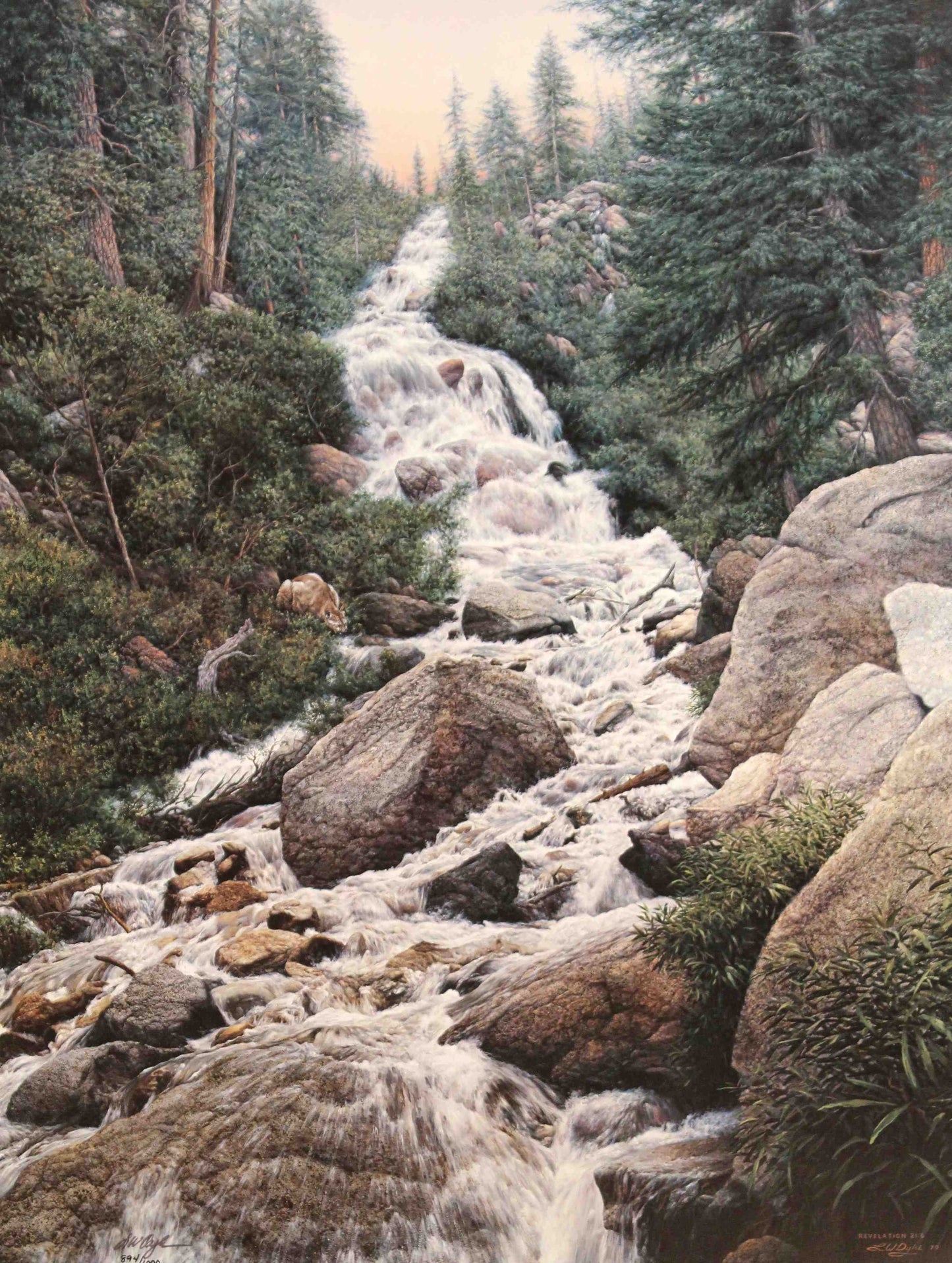 Larry Dyke print "Revelation 21:6" featuring a mountain stream flowing through a vibrant, sunlit valley, symbolizing the water of life and God’s eternal promise.
