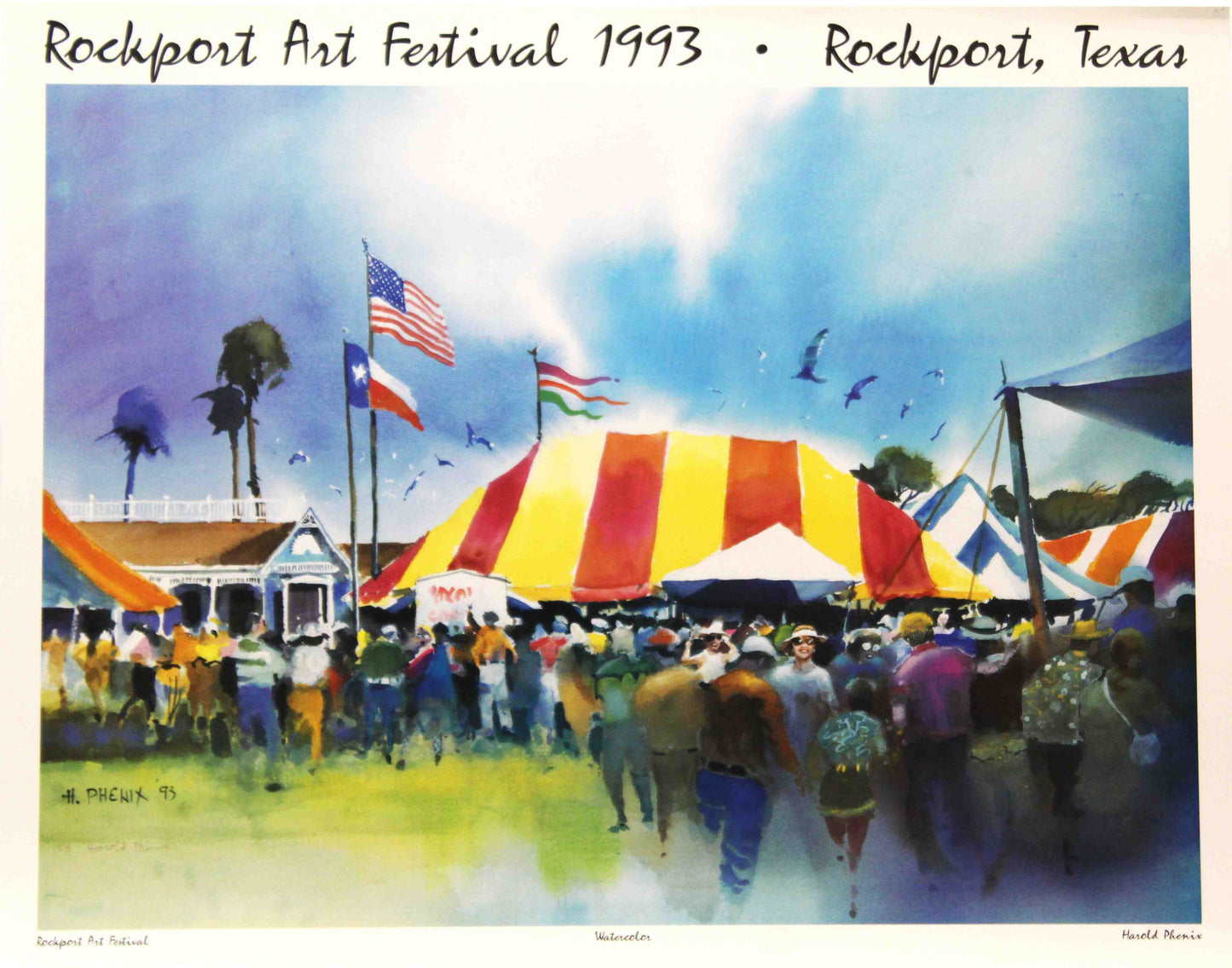 H. Phenix watercolor painting of the Rockport Art Festival with colorful tents and coastal scenery
