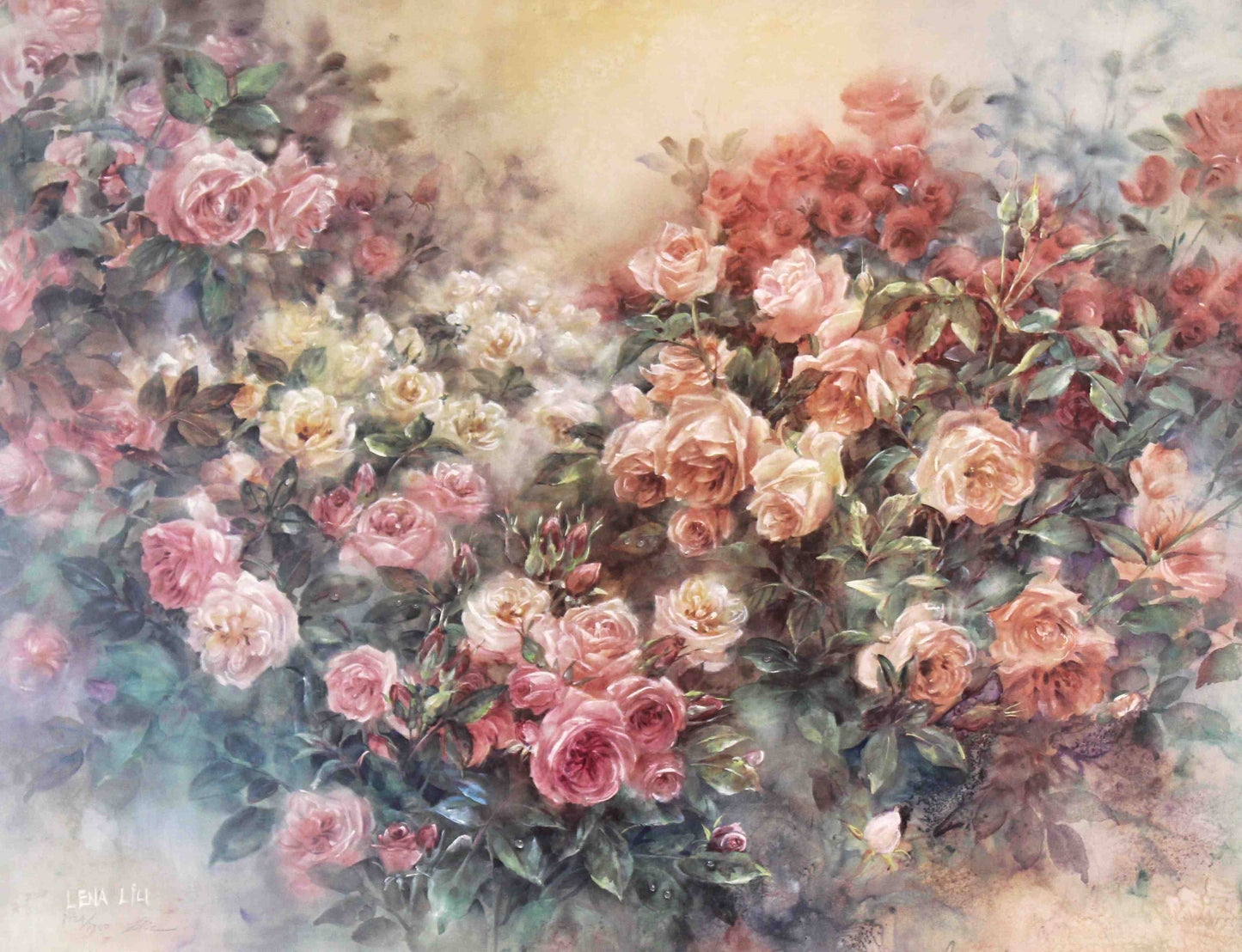 Lena Liu print Roses in Bloom – fine art floral painting by Lena Liu featuring blooming roses.