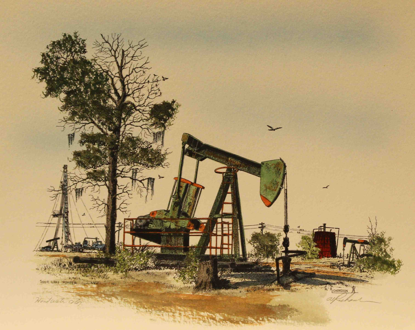 Al Richardson print titled "Sour Lake Pumper" showing a single pumpjack operating in the historic oil fields of Sour Lake, Texas, reflecting the legacy of the Texas oil industry.