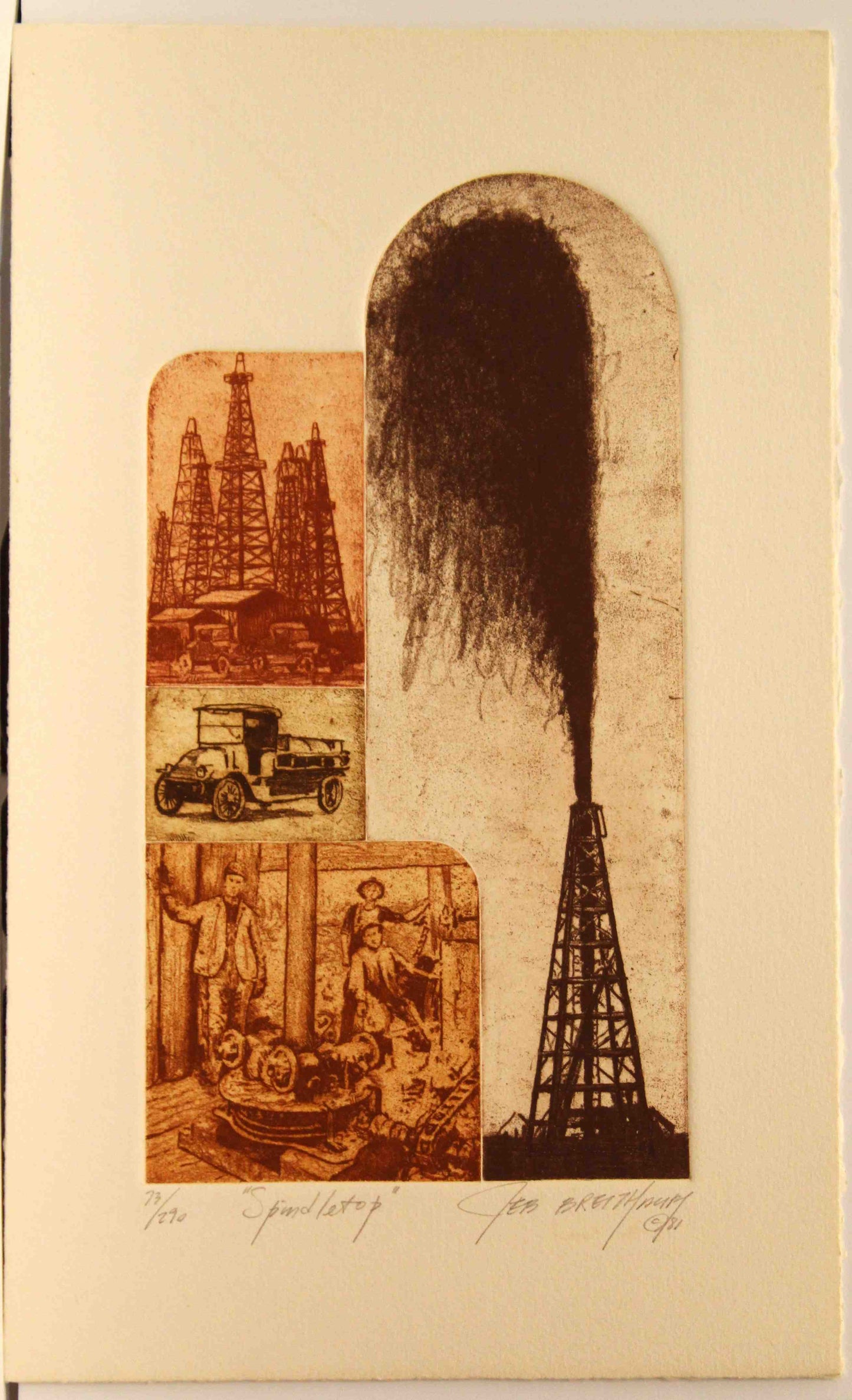 Fine art print "Spindletop" by Jeb Breithaupt depicting the historic 1901 oil gusher in Texas with a towering derrick and erupting black gold.