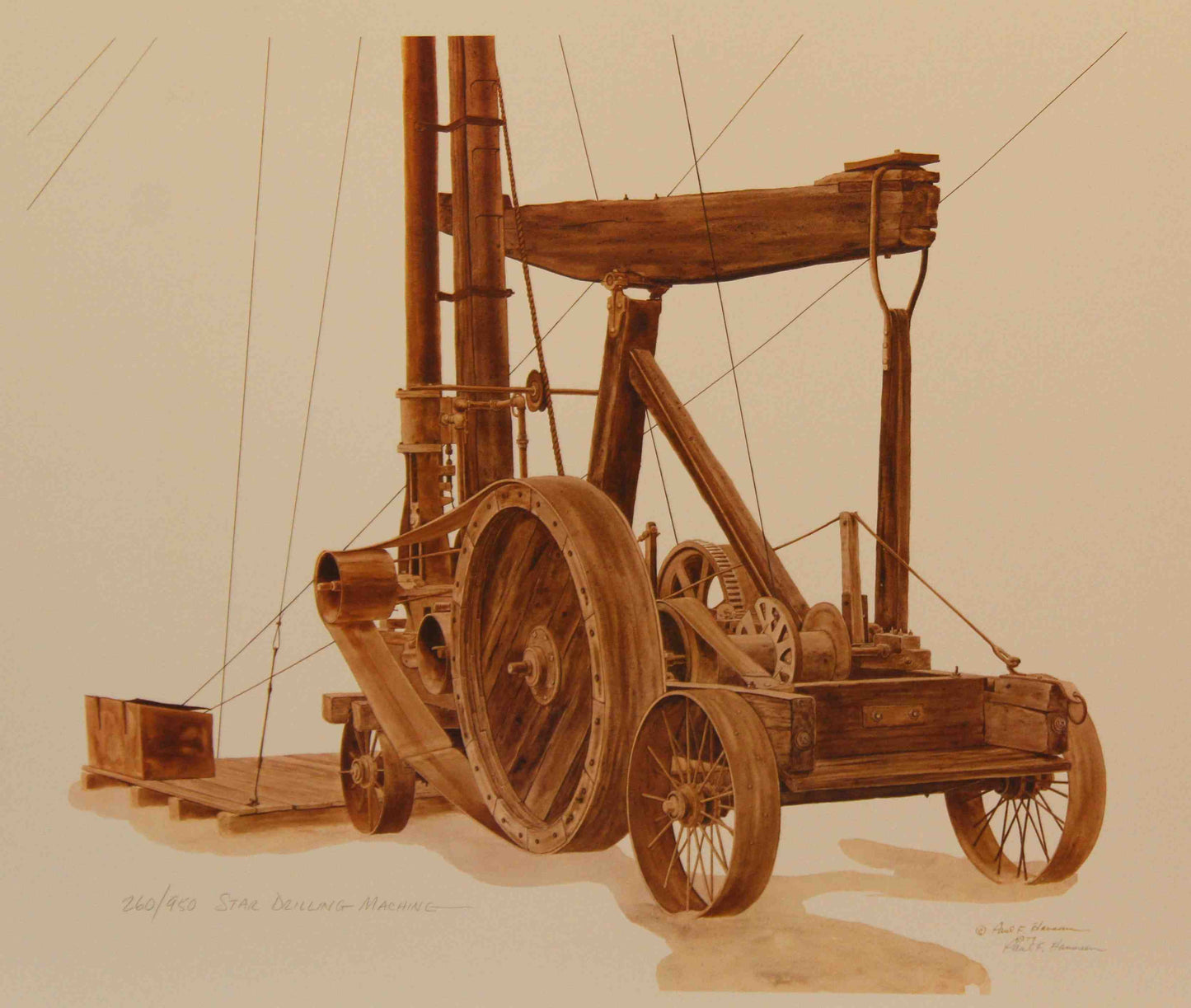 Paul Hansen print Star Drilling Machine showing a vintage oilfield drilling machine in a historic industrial setting