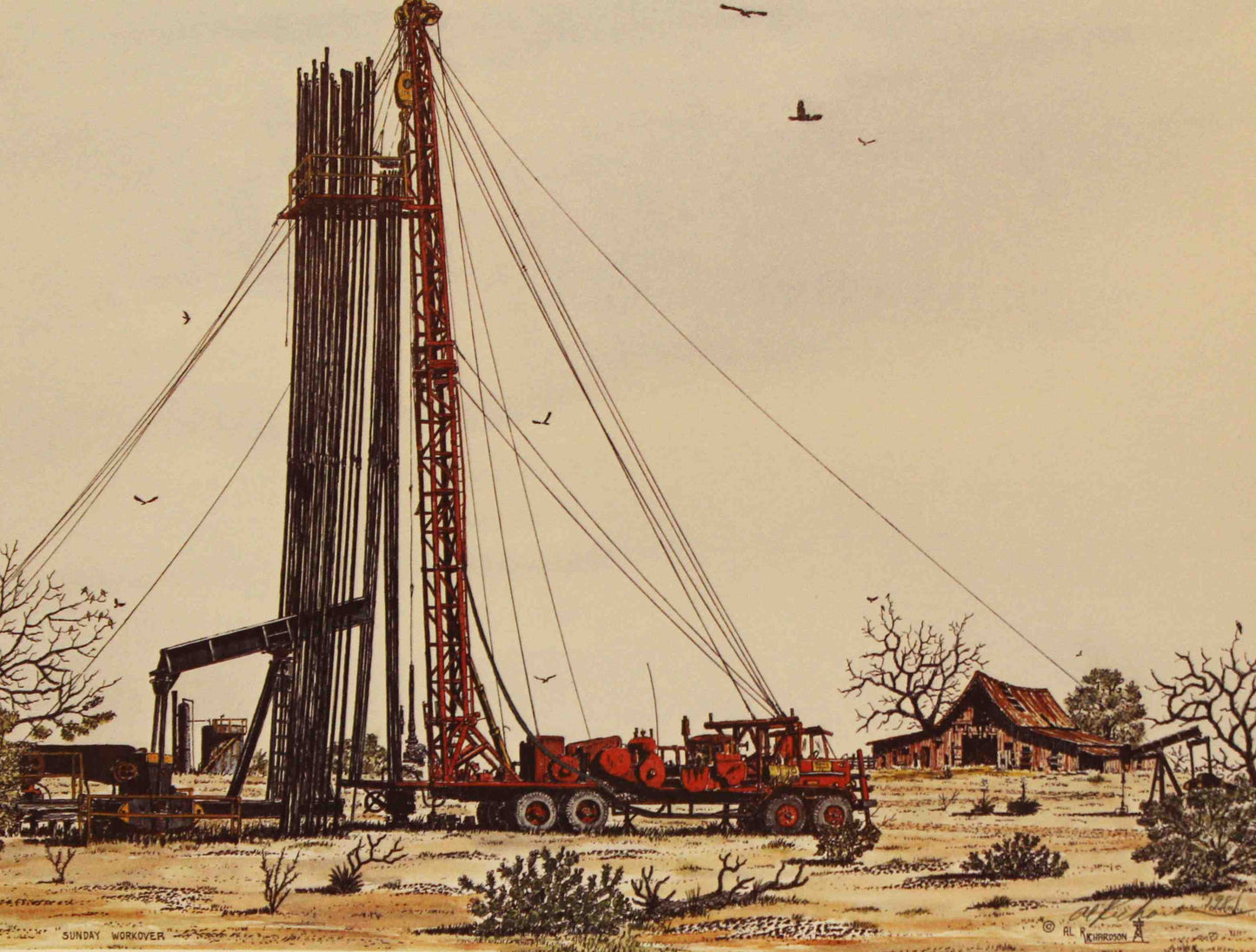 Al Richardson print titled "Sunday Workover" featuring a workover rig operating in the oilfield on a quiet Sunday, symbolizing the dedication and persistence of oilfield workers.