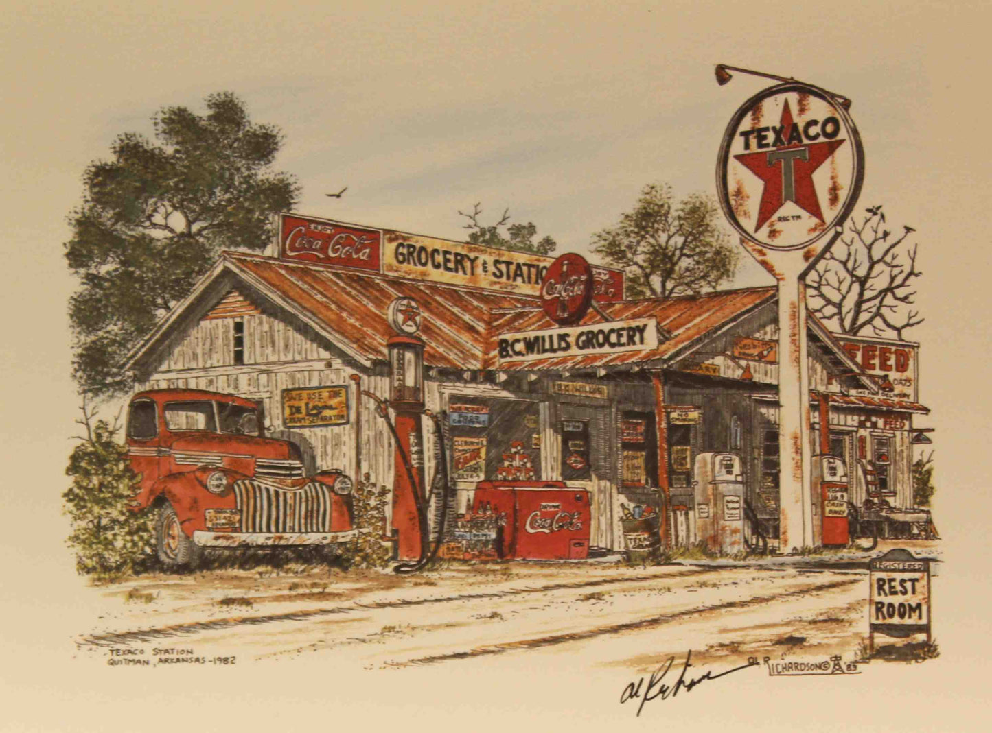Al Richardson print Texaco Station showing a vintage Texaco gas station with classic signage and nostalgic roadside charm.