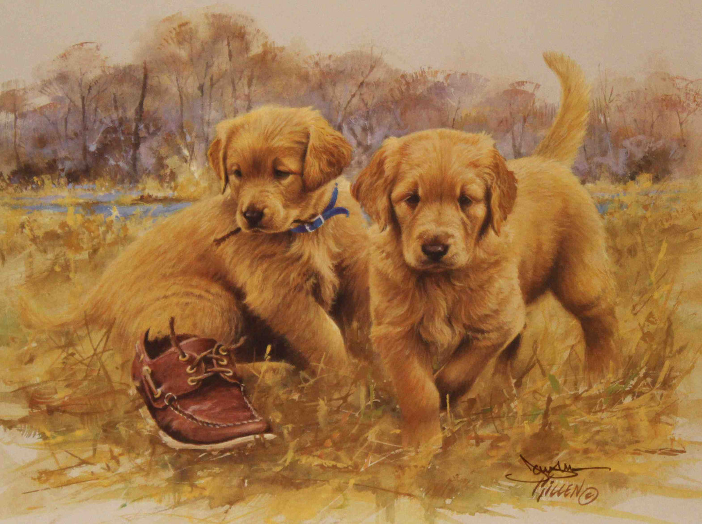 Fine art print by Jim Killen featuring a Golden Retriever puppy sitting beside hunting boots; sporting dog artwork titled "That's My Puppy — Golden Retriever."