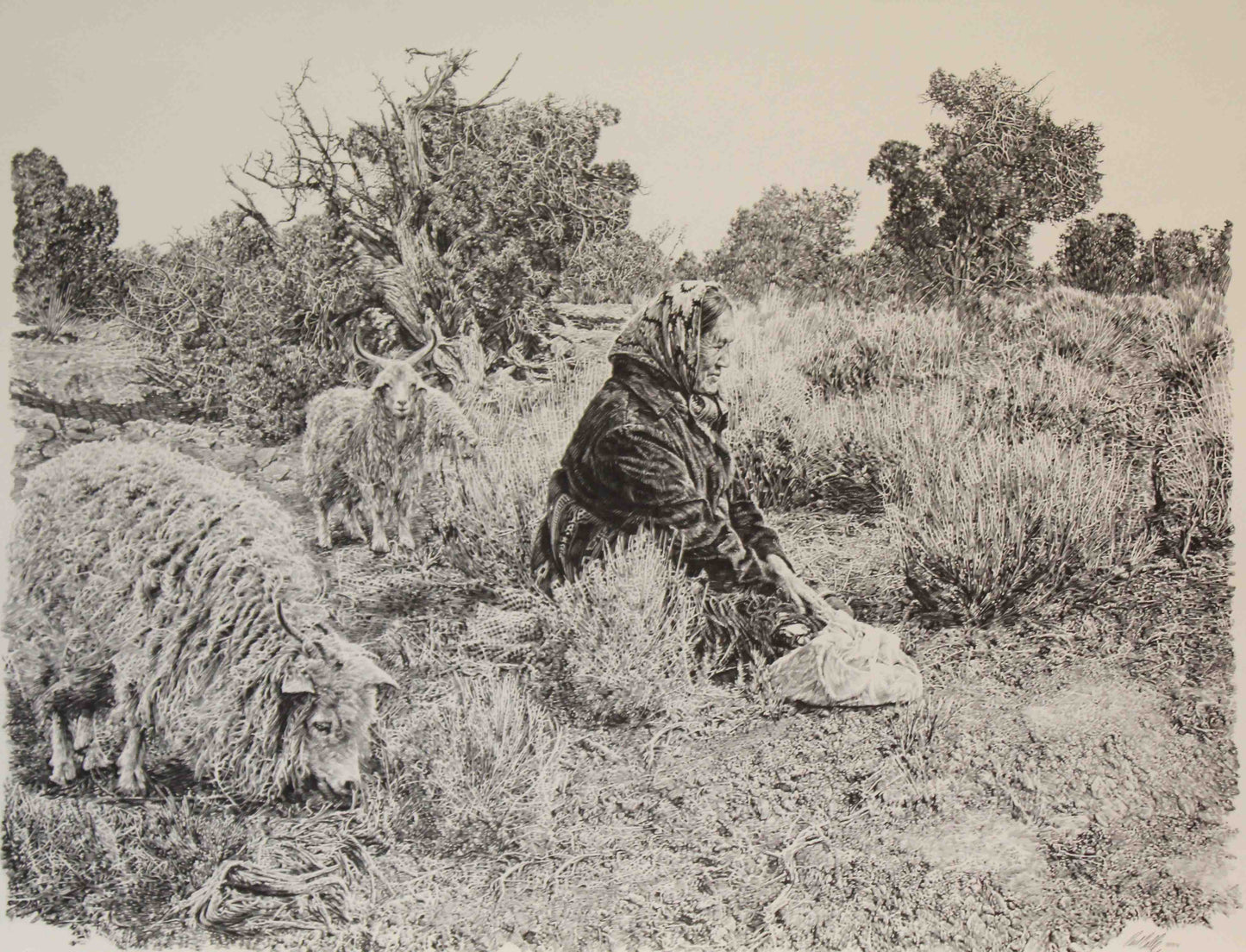 Paul Calle art print “The Lonely Watch” showing a Native American woman standing guard over her flock of sheep in a wide, tranquil landscape.