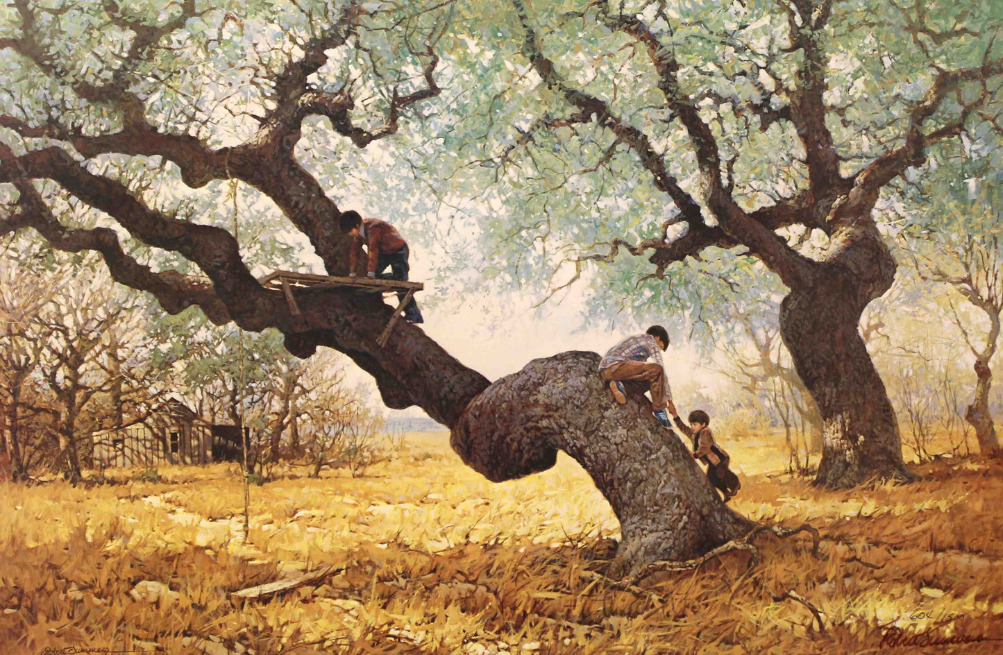 Robert Summers print "The Mighty Oak" featuring young boys building a tree fort in a large oak tree, capturing a nostalgic moment of childhood adventure.