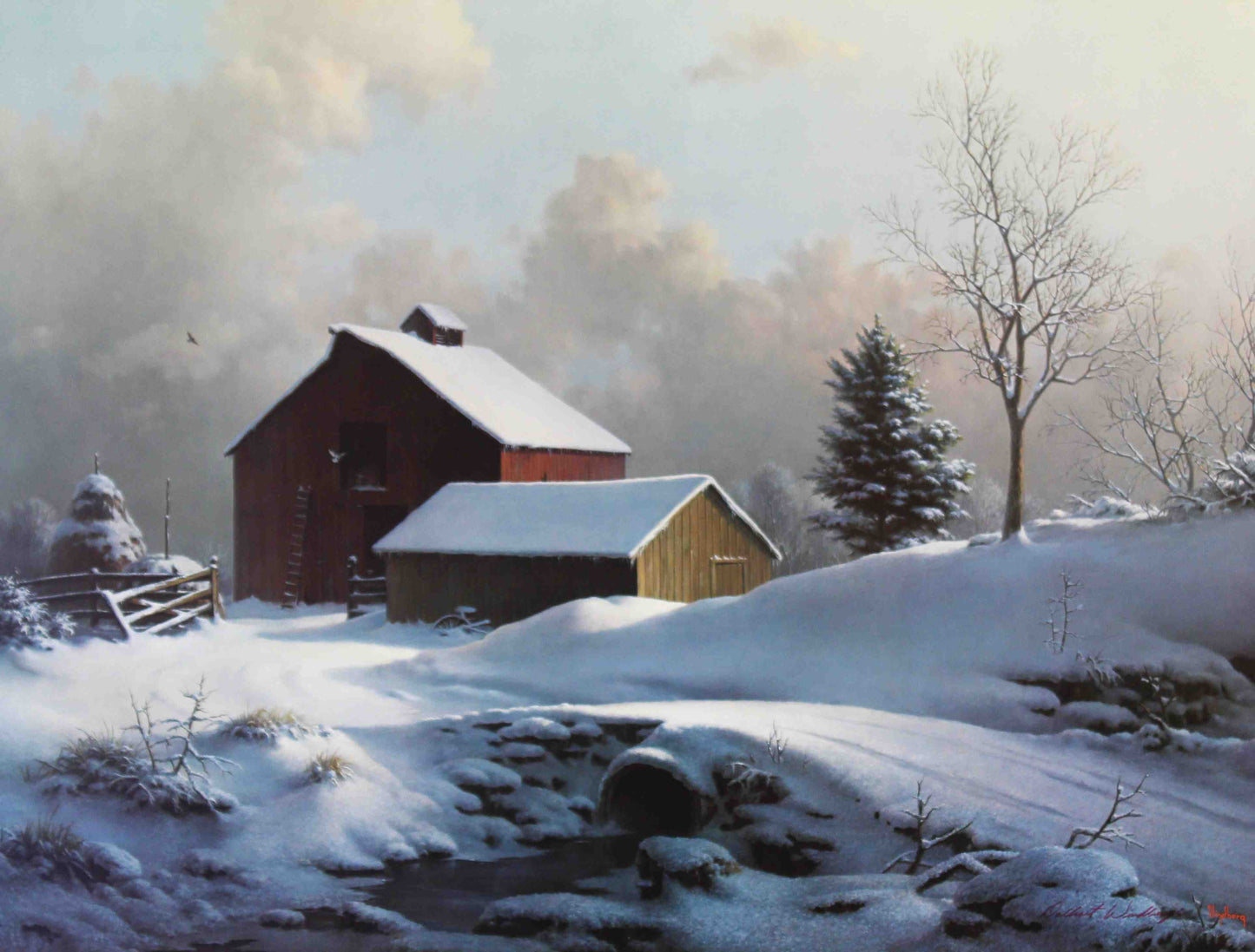 Dalhart Windberg print "The Perpetual Haven" featuring a peaceful country snowy landscape with trees, and rustic buildings.