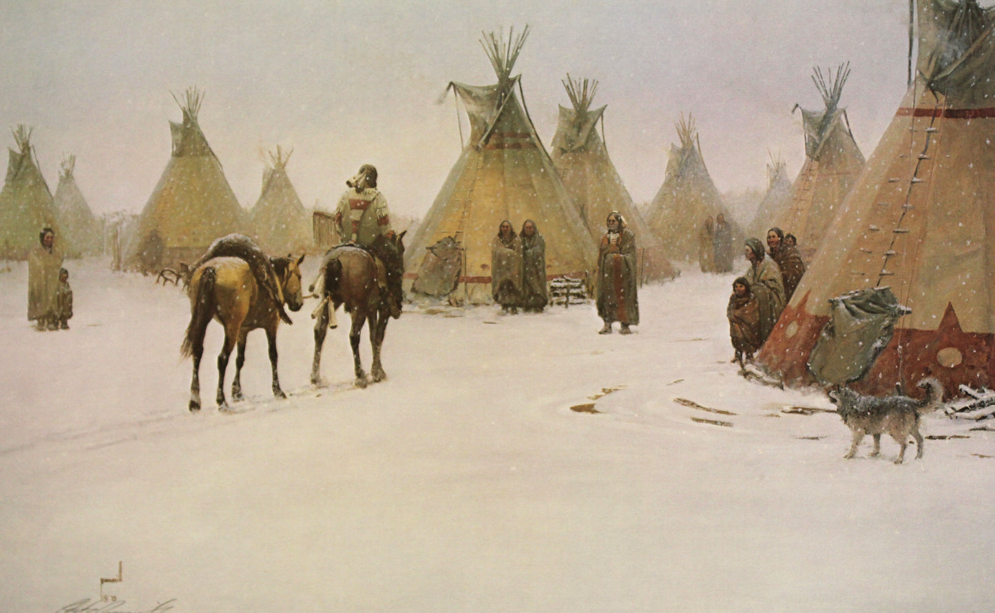 Robert Pummill print "The Provider" depicting a Native American hunter walking through a snowy landscape with game