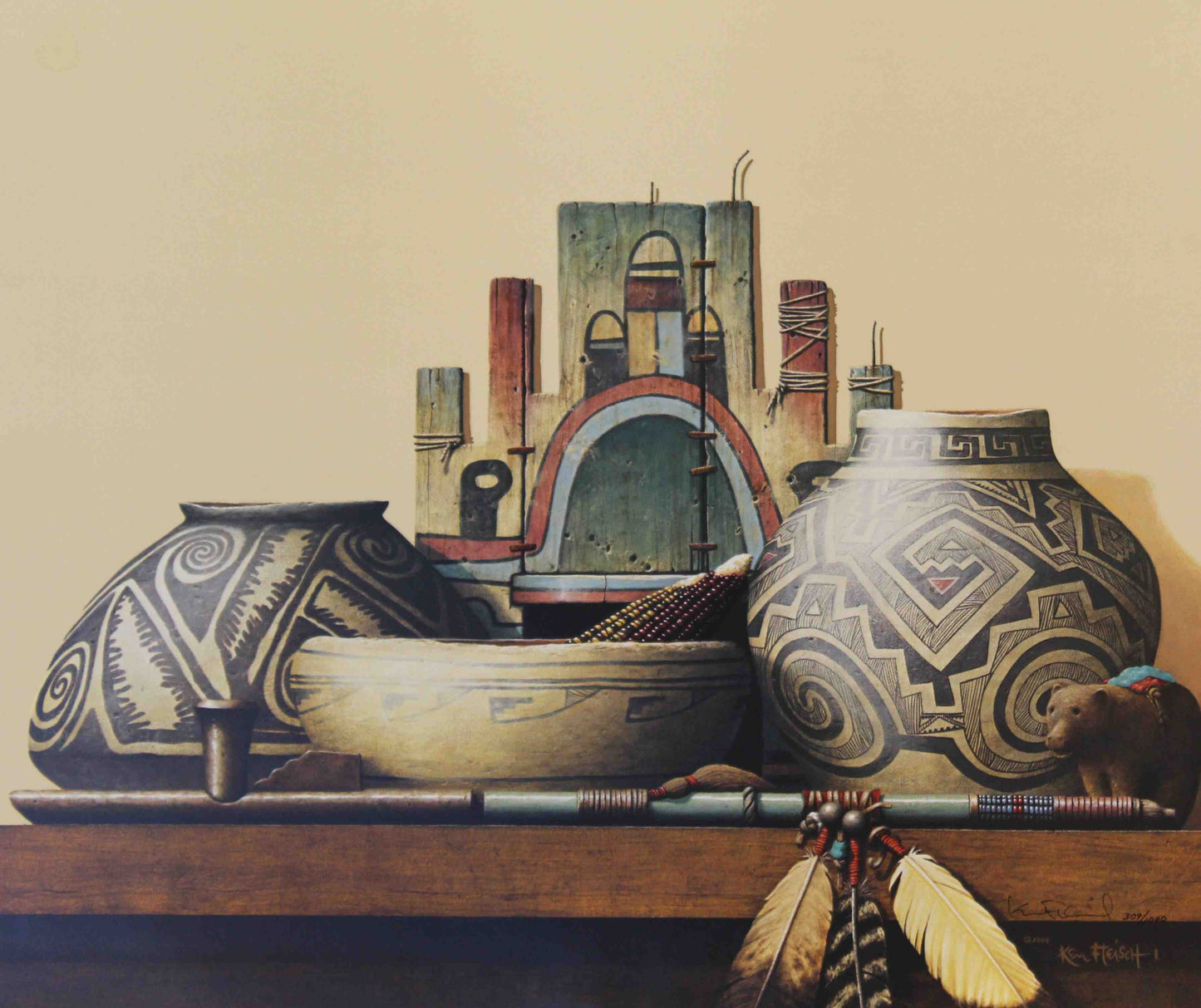 Ken Fleisch western art print “Time Travelers” featuring Native American artifacts and cultural items, perfect for western wall art.