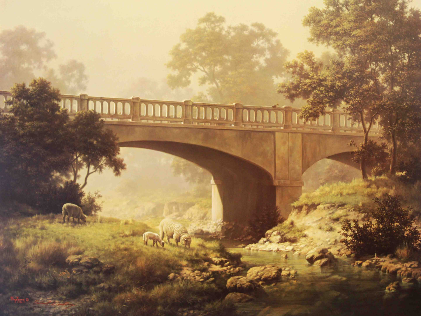 Dalhart Windberg print "Tranquil Crossing" showing a peaceful rural bridge over calm water surrounded by trees and soft natural light.