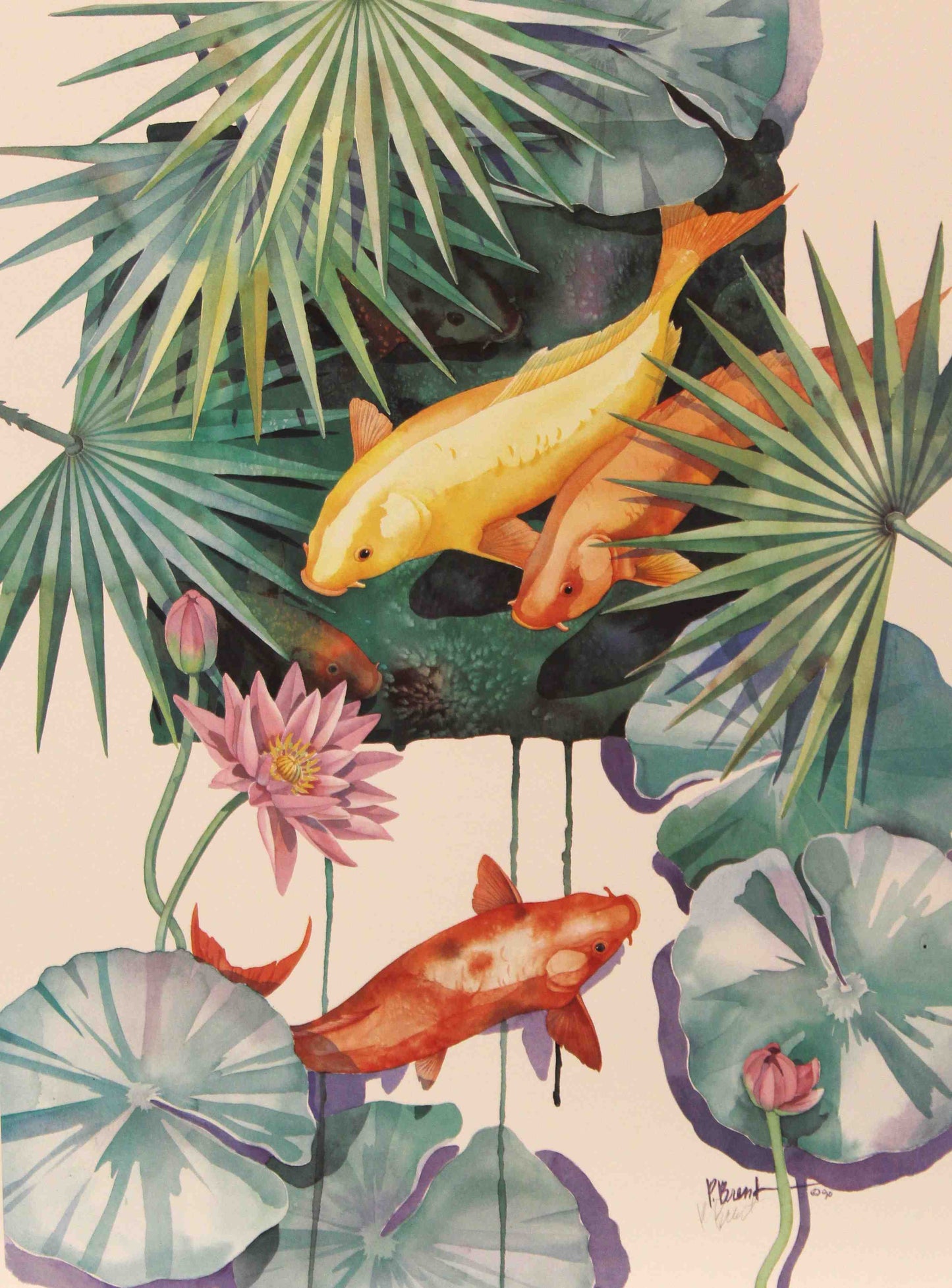 Paul Brent art print "Tropical Pool" featuring colorful koi fish swimming in a lush tropical pond with lily pads and surrounding foliage.