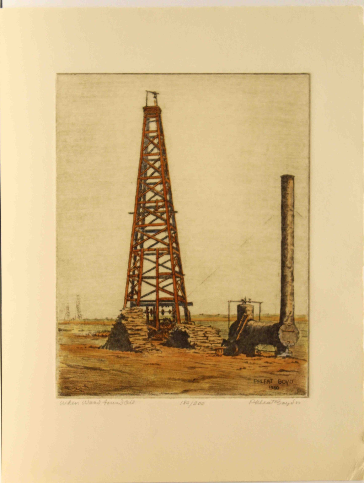 Phleat Boyd print “When Wood Found Oil” showing early wooden oil derricks and vintage drilling equipment, historic Texas oilfield fine art.
